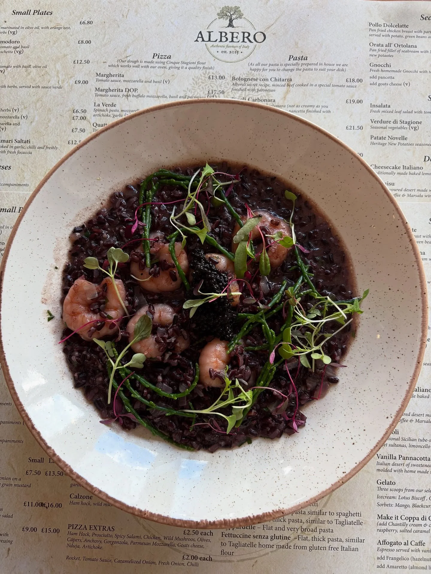 Risotto of wild black rice from Varcelli, (specific for this type of rice is that is processed with stone mils, so stays quite grainy) with king prawns, samphire and North Atlantic herring black pearls &hellip; this dish is here to impress 🤩 

Who i