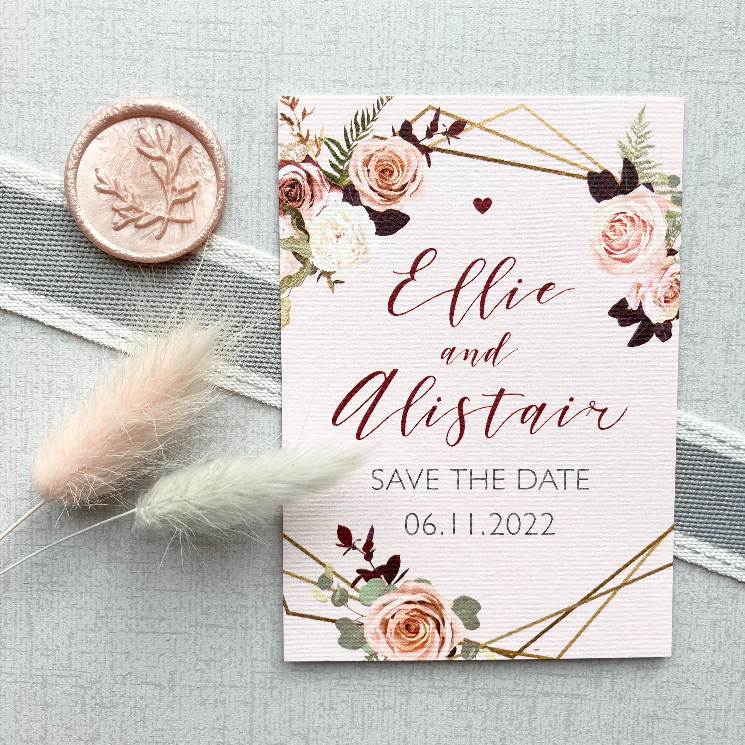 Personalised Wedding CP Save the Date A7 Card with Heart and 'Pearl' Gem 