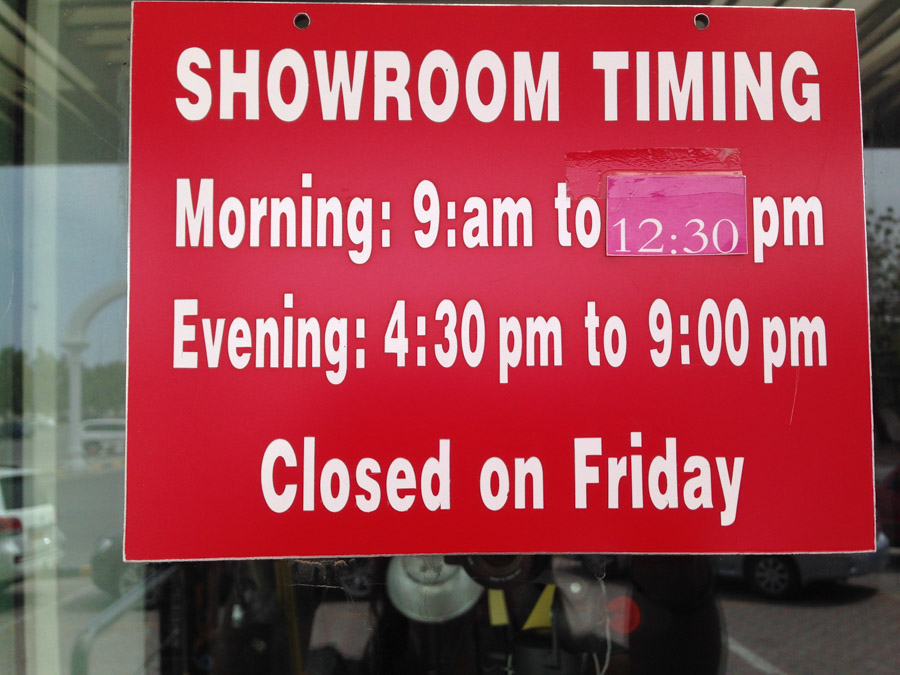Shop timings at the local print shop.