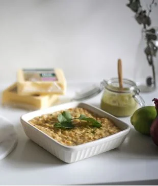 Corn chowder with pickled jalapeño sauce