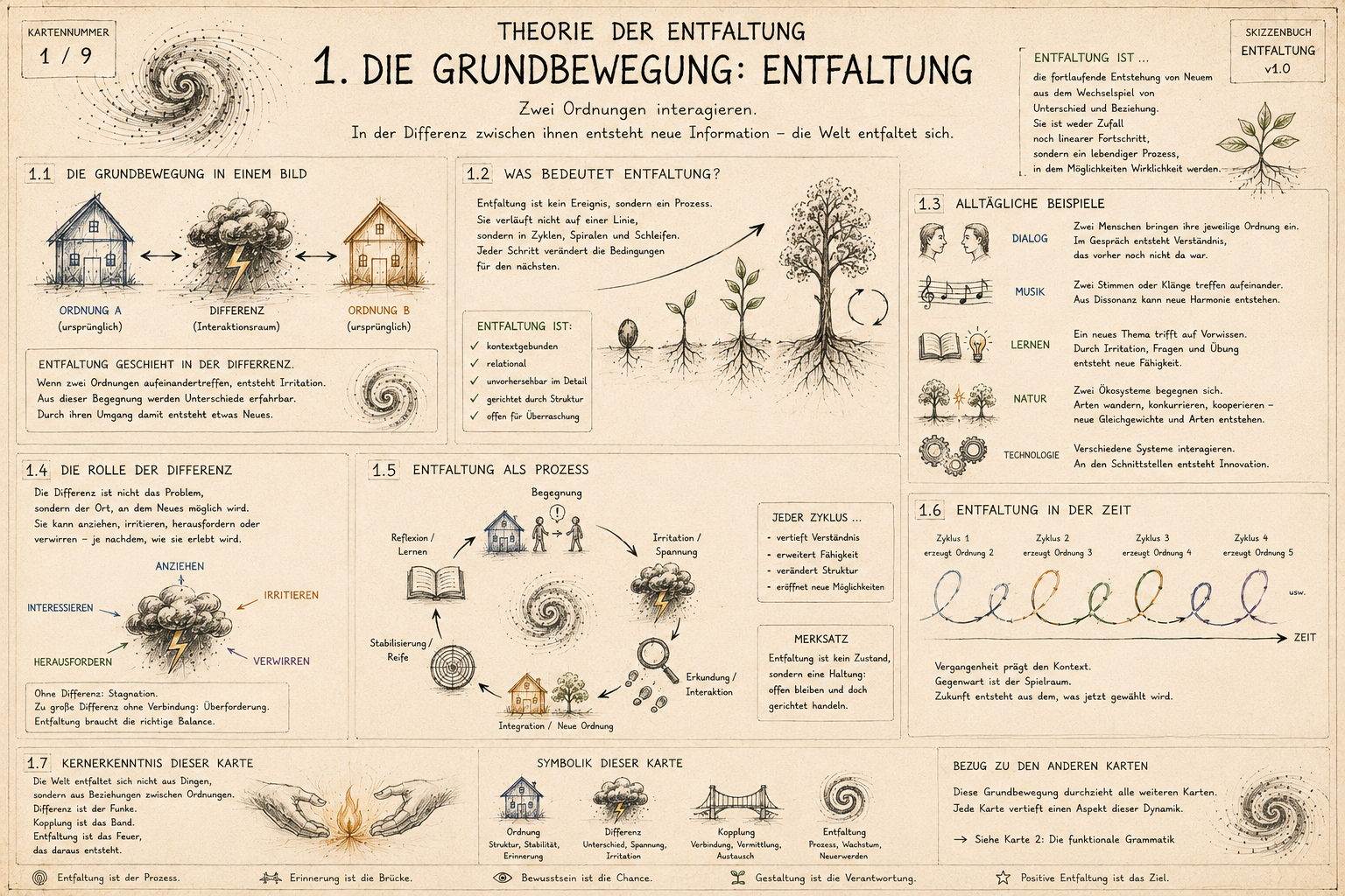 Eine handgezeichnete Infografik über die Theorie der Entfaltung, mit verschiedenen Diagrammen, Illustrationen und Texten zum Thema Entwicklung, Differenzierung und Prozesse in der Natur und im Lernen.