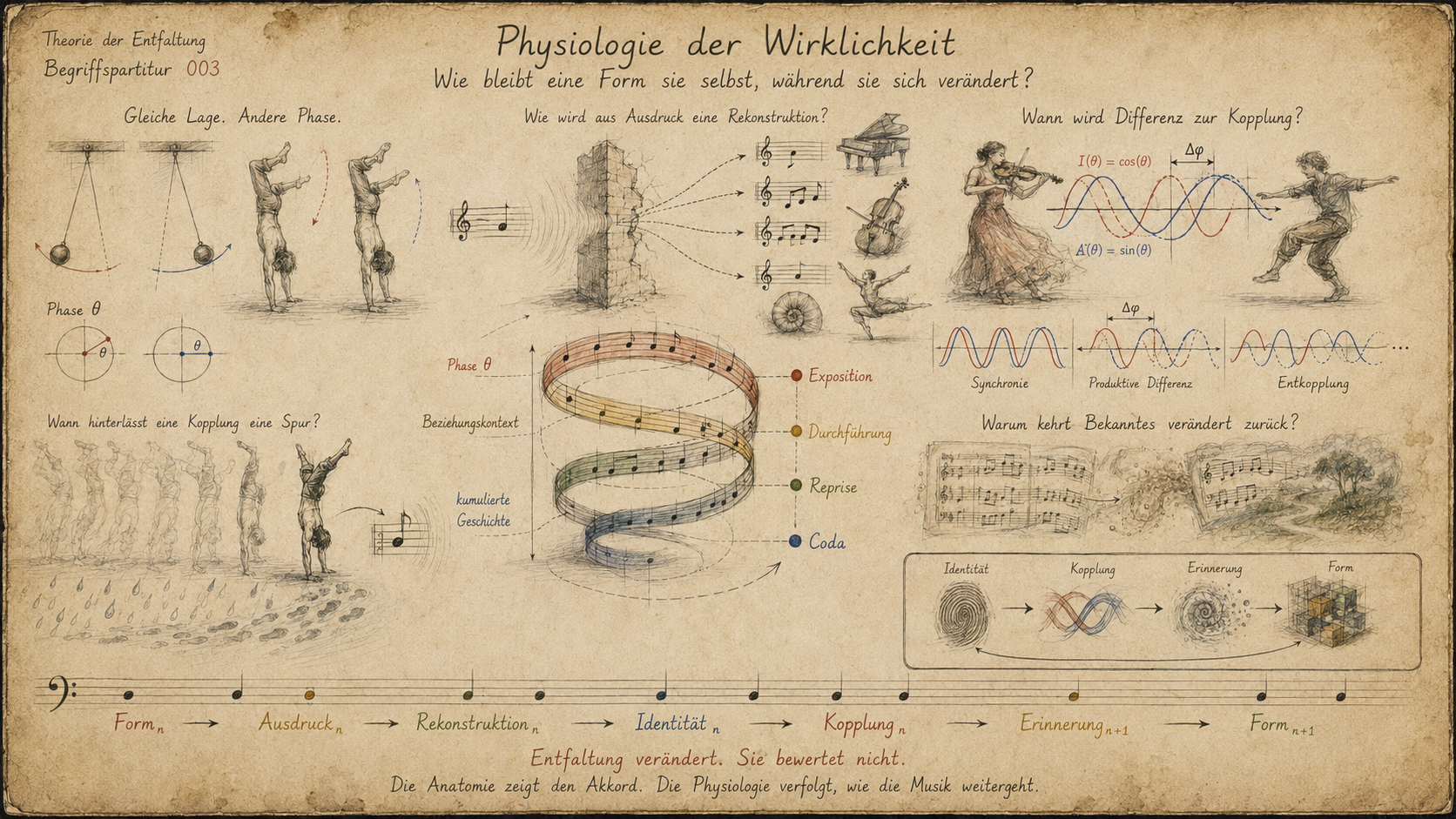 Schematische Darstellung und Skizzen zur Physik der Wirklichkeit, inklusive Phasenbilder, musikalischer Noten, spiralförmige Visualisierung von Beziehungskontexten, mathematische Graphen und Illustrationen zur Synchronicität, Produktivitätsdifferenz 