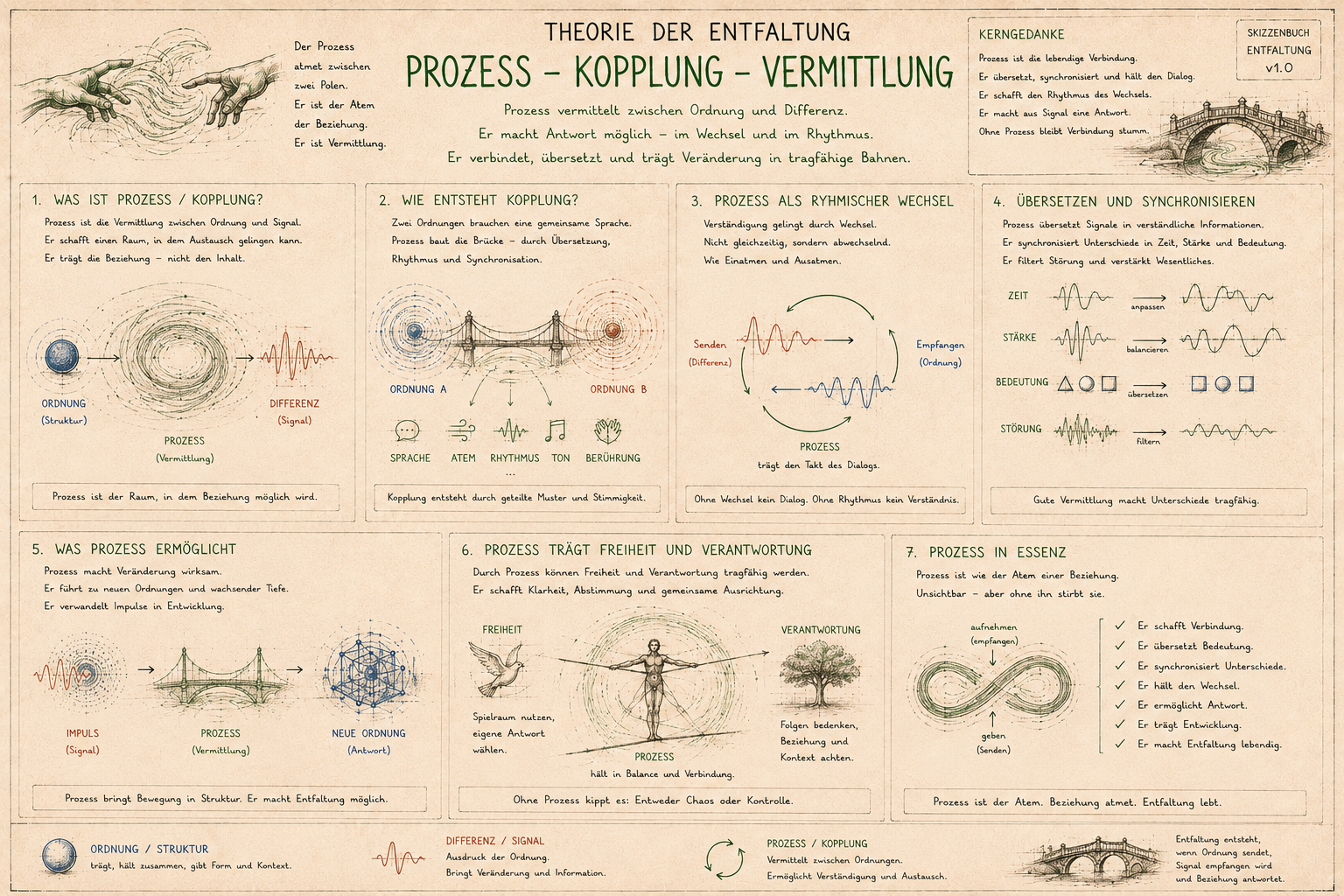 Ein handgezeichnetes Diagramm mit Text über die Theorie der Entfaltung, das Prozesse, Kopplung und Vermittlung behandelt, inklusive Illustrationen von Brücken, Wellen und einer Brücke über einen Fluss.