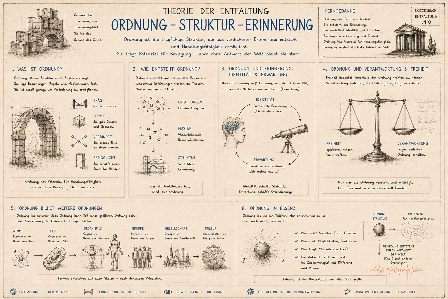 Grafische Darstellung und Erklärung des Themas Ordnung, Struktur und Erinnerung. Enthält Skizzen, Diagramme und Text zu den Themen: Was ist Ordnung, wie entsteht Ordnung, und die Bedeutung von Ordnung für Identität, Verantwortung, Freiheit und Entwic