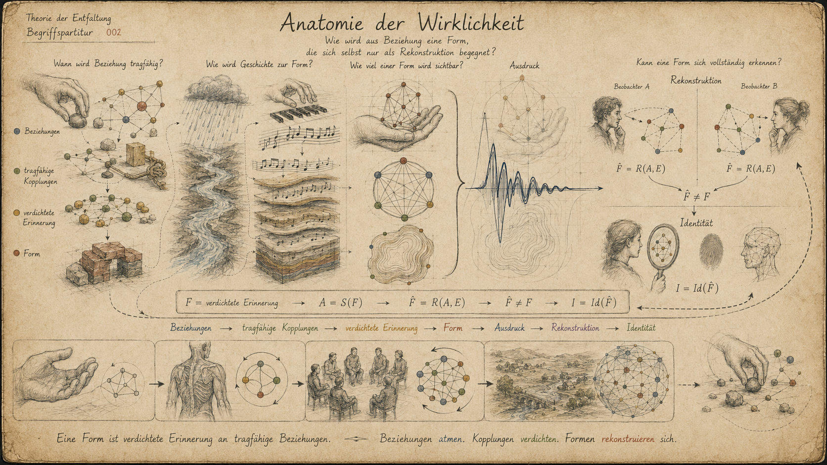 Illustration erklärt die Beziehung zwischen Form, Erinnerung, Beziehung, Kopplung, Rekonstruktion und Identität in der Anatomie der Wirklichkeit mit Skizzen von Händen, Landschaften, Musik, Graphen und Menschen.