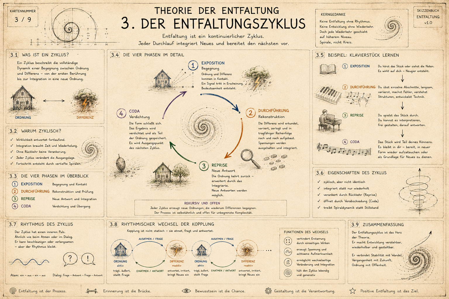 Grafik und Text zur Theorie der Entfaltung, mit fünf Abschnitten über Zyklusphasen, Eigenschaften, Rhythmus, Wechsel und Zusammenfassung, inklusive Illustrationen und Diagrammen