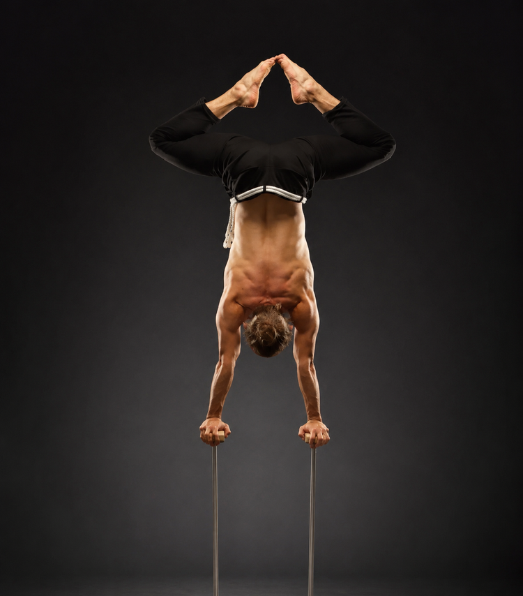 Amadeusz Czulak in einem gehockten Handstand auf Canes