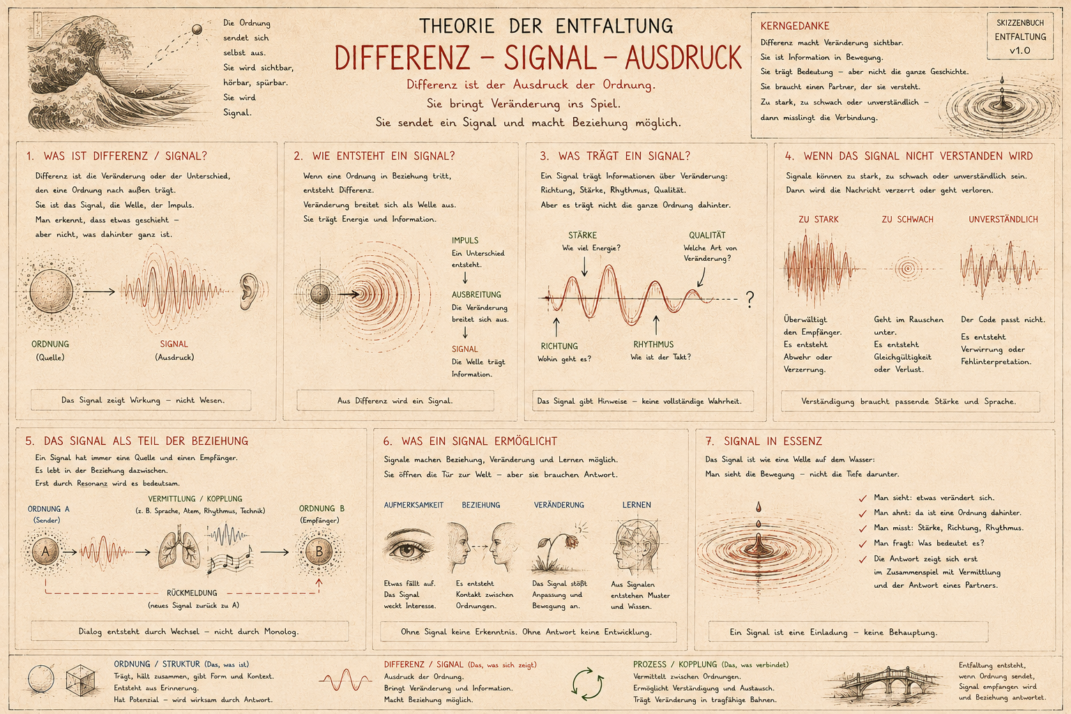 Ein wissenschaftliches Diagramm in Deutsch über die Theorie der Entfaltung, Differenz- und Signalausdruck, mit Texten, Diagrammen und Illustrationen, inklusive Wellen, Auge, Brücke und anderen Symbolen.