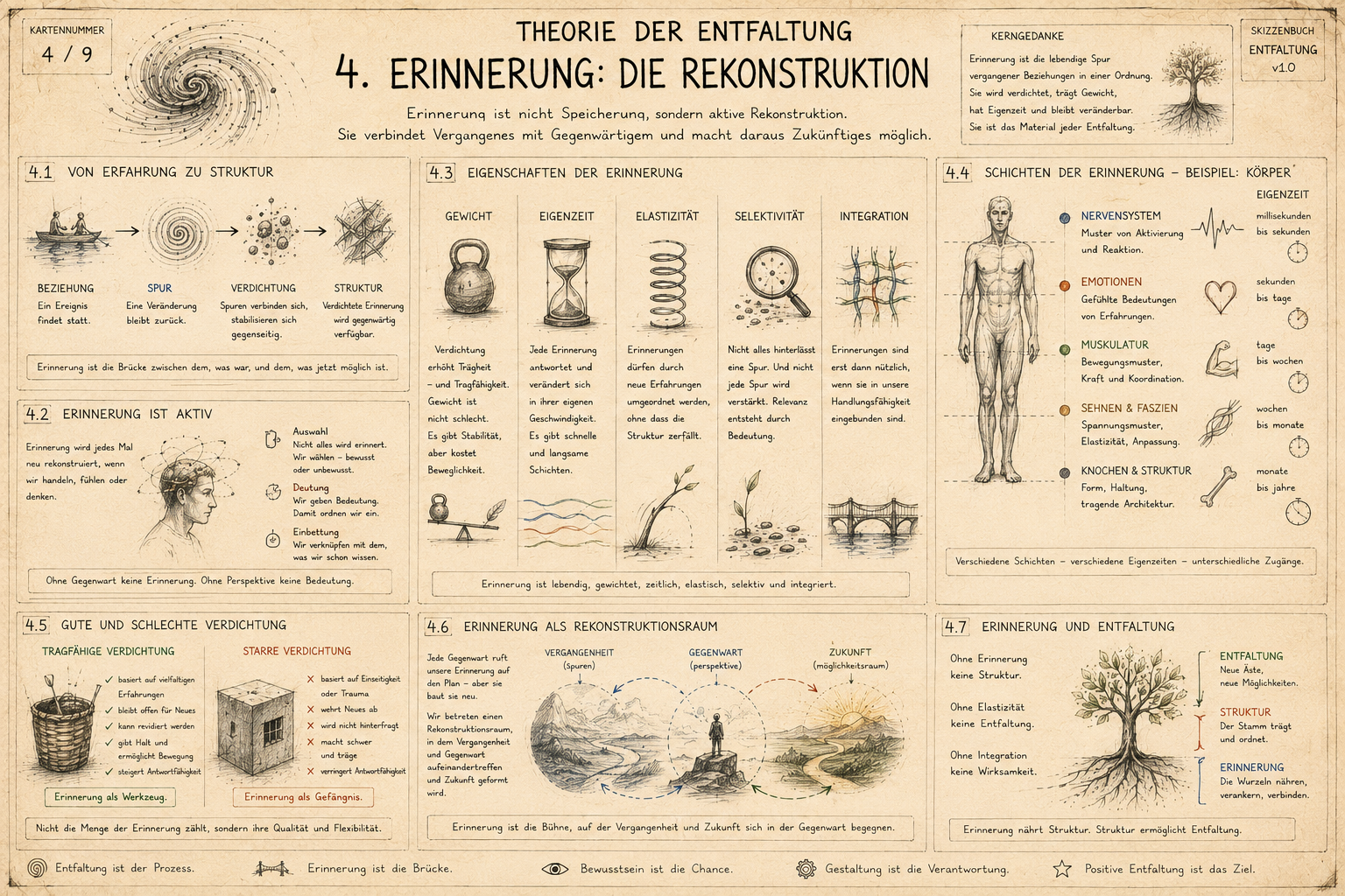 Dieses Bild ist eine Informationsgrafik in deutscher Sprache, die das Thema der Erinnerung und deren Theorien behandelt. Es enthält mehrere Abschnitte mit Überschriften, Diagrammen, Illustrationen und Textblöcken, die verschiedene Aspekte der Erinner