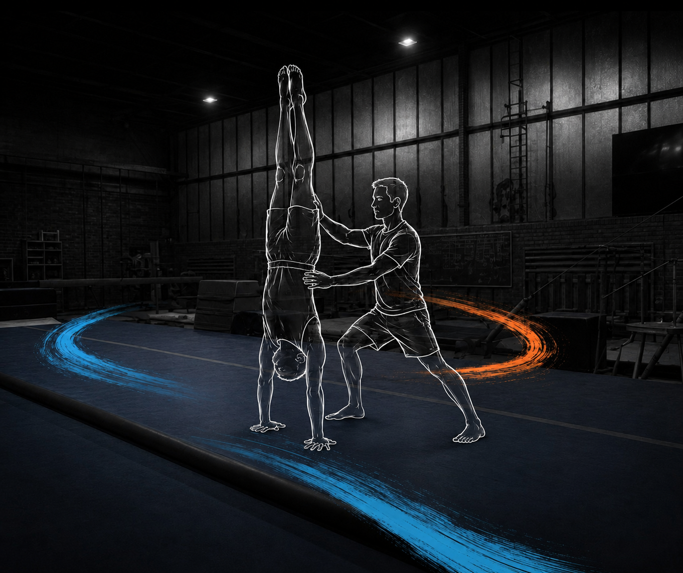 Illustration: Ein Trainer sichert einen Handstand beim gemeinsamen Training.