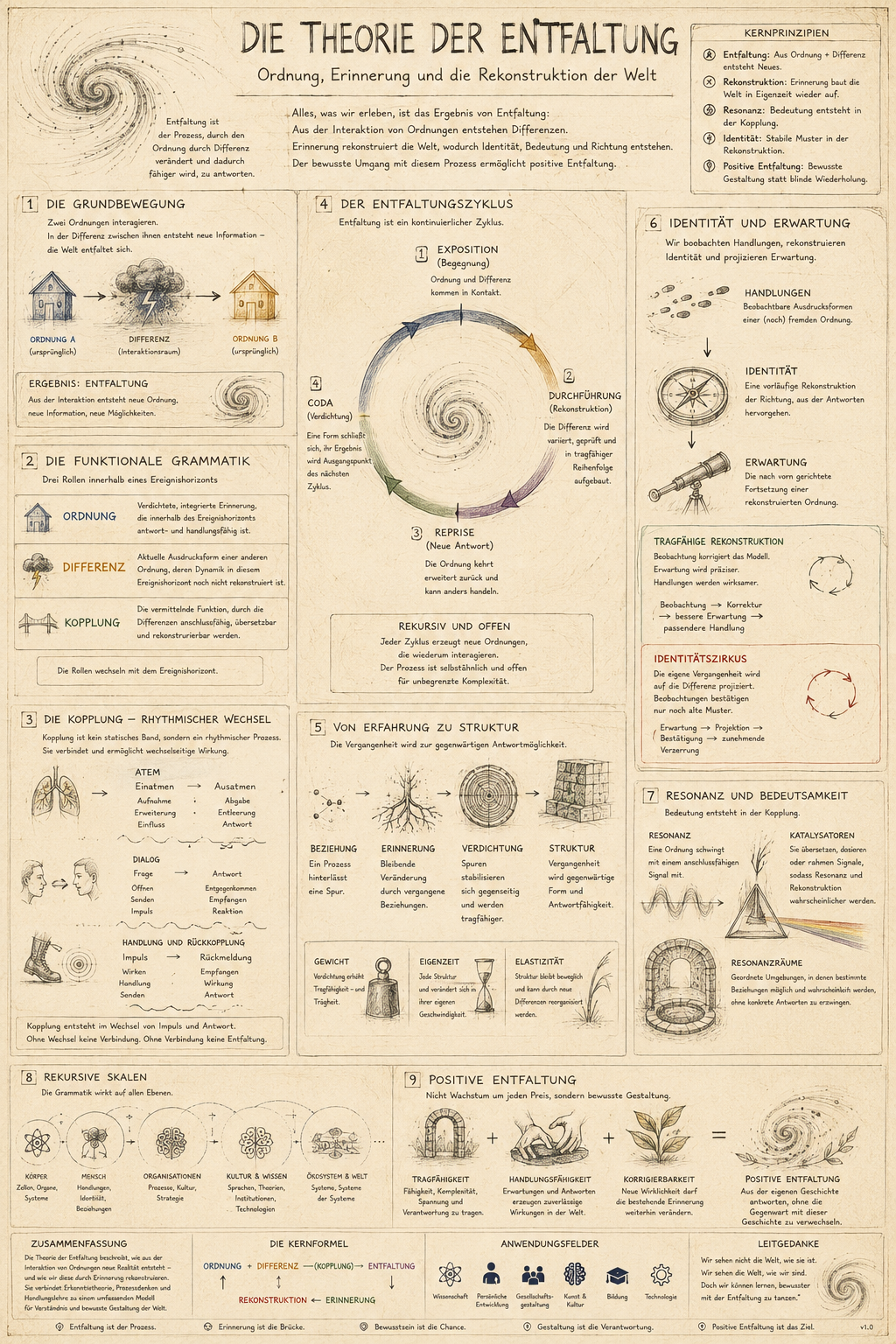 Infografik über die Theorie der Entfaltung, einschließlich Prinzipien und Phasen wie Grundbewegung, Funktionale Grammatik, Kopplung, Rhythmisierung, Struktur, positive Entfaltung, Rekursive Skalen, positive Entfaltung, Kernformel, Anwendungsfelder un