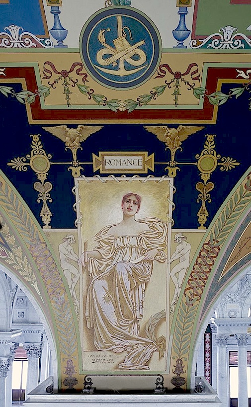 The allegorical figure of Romance on the ceiling of the Jefferson building at the Library of Congress
