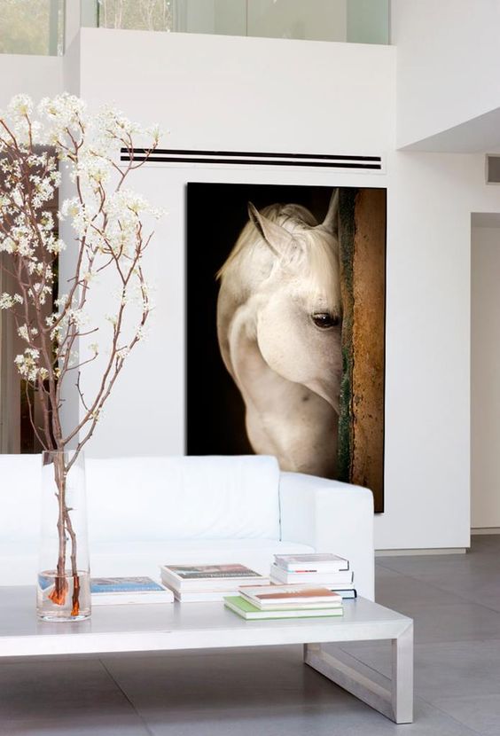 "Shy" by Raphael Macek features another soft, sweet face to watch over your home. These large-scale photos of horses are trending right now, as they add a natural element into a modern space and bring the outdoors in. Plus, for horse lovers, they get to look at a pretty horse all day!