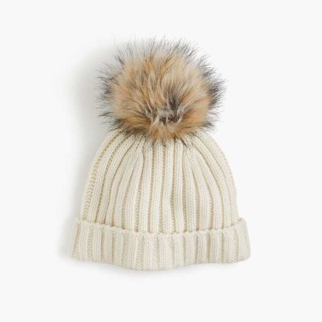 If you'd rather not break the bank for a cute hat, you can still get super cute ones for less money, like this Ribbed Pom Pom Hat from J. Crew! It's got a more natural fur look going on at the top and it will still go with just about any fall outfit you throw together!