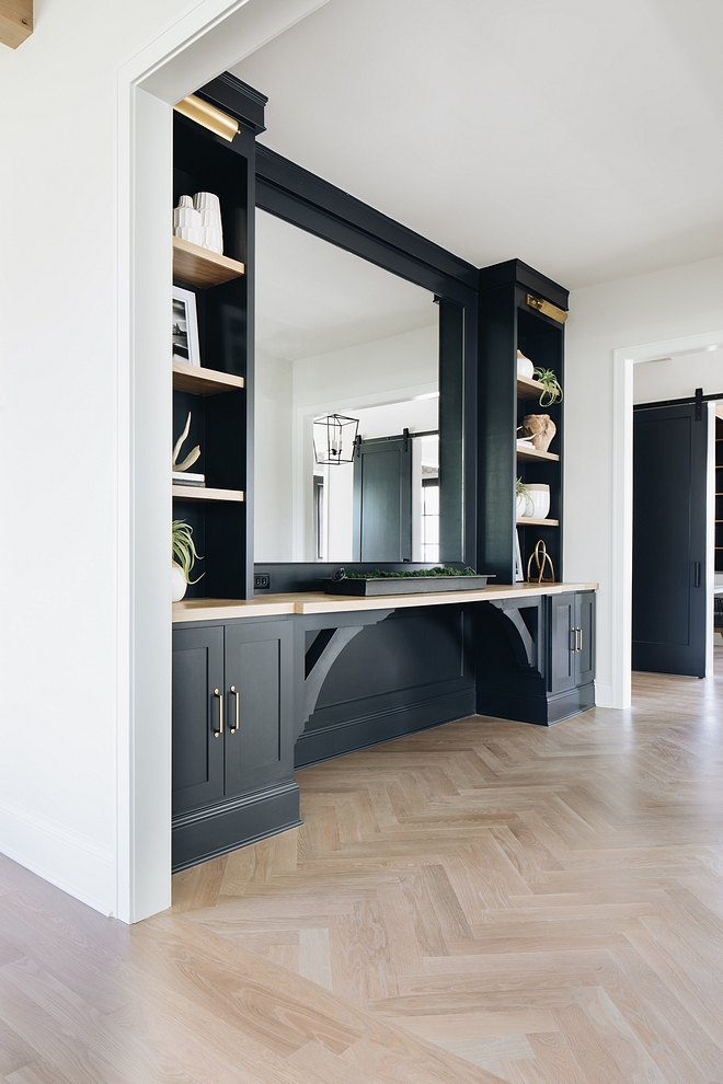 Countertop & Shelves are White Oak – Stain Color – 2 Parts Minwax Weathered Grey / 1 Part Minwax Country White.