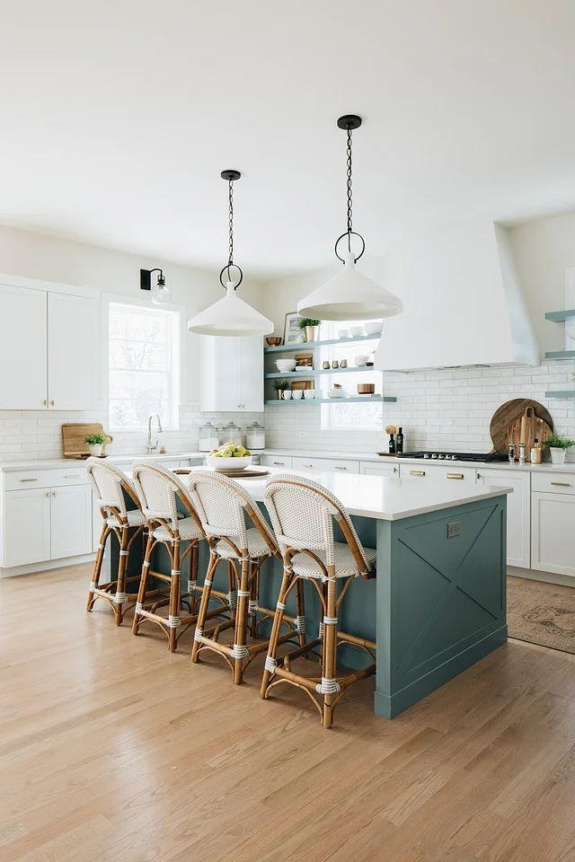 The floating shelves in that soft aqua really add a lovely farmhouse touch to the kitchen. The barstools, from Serena & Lilly , also bring in elements seen in the rest of the home.