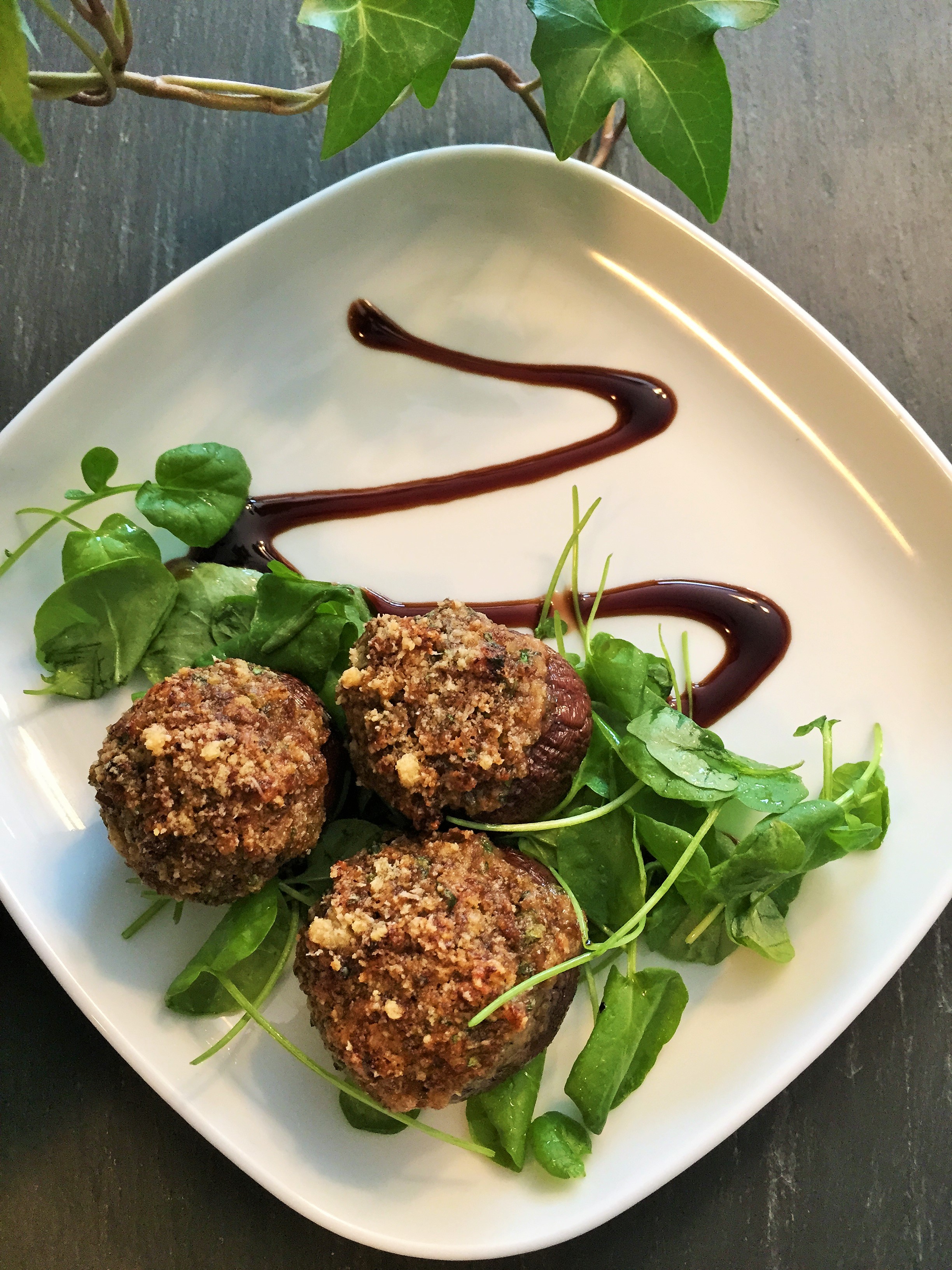 Stuffed Creminis with watercress and balsamic reduction!