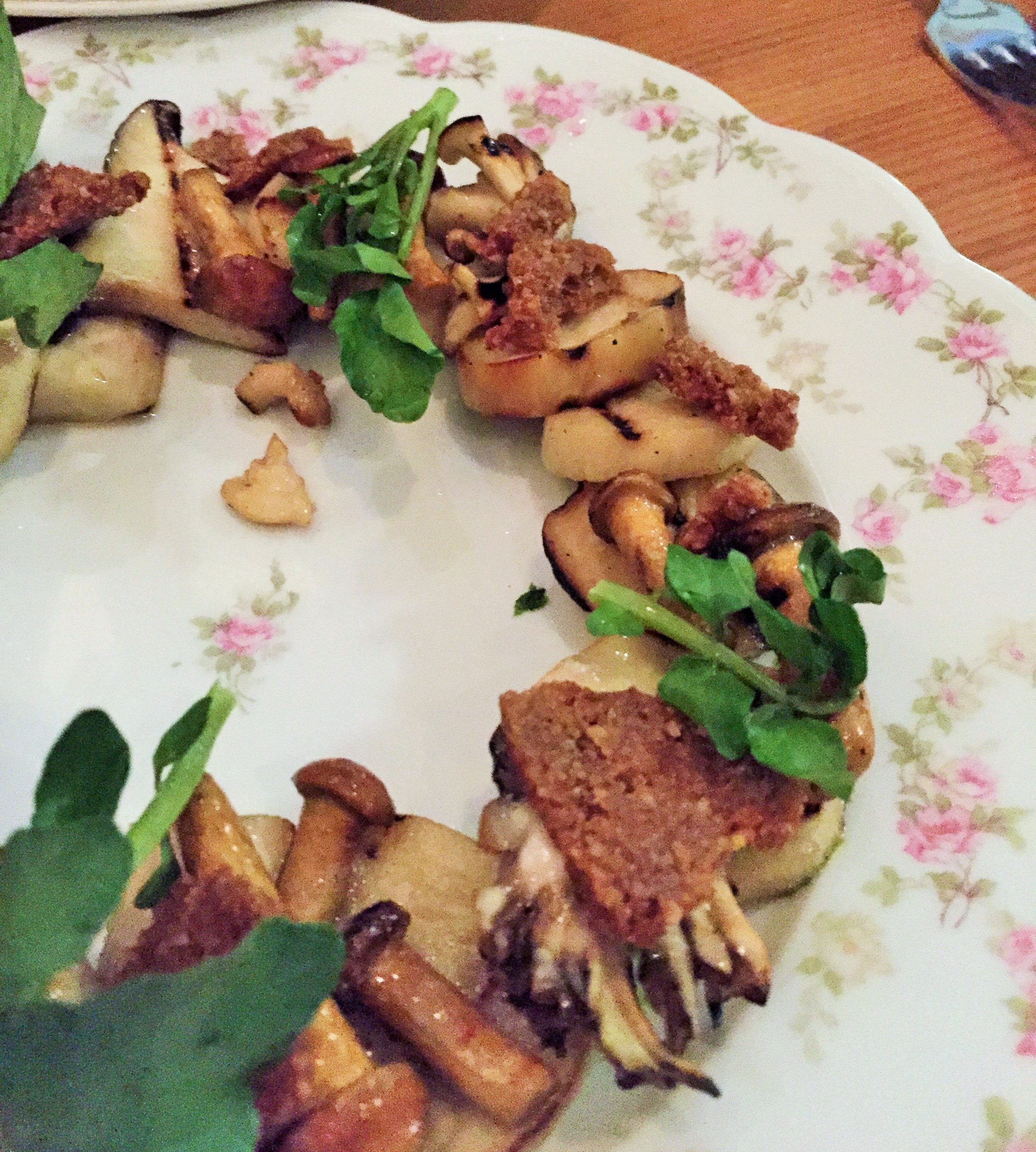 Grilled Mushroom Salad, Watercress Sauce, Hazelnut Corn Cake 