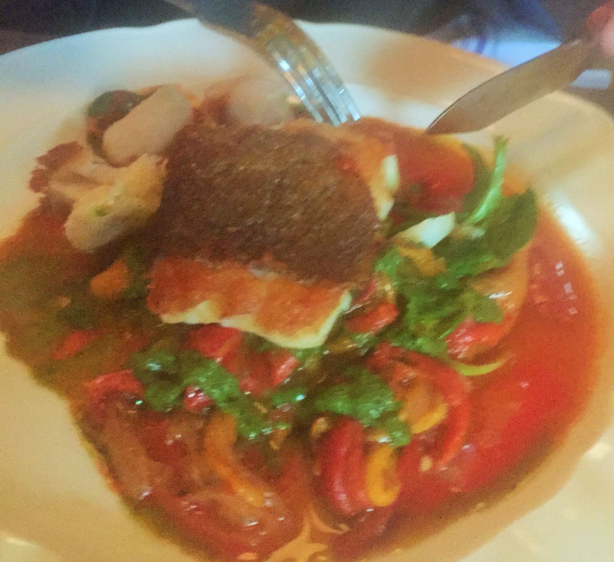 Blurry pic of Atlantic Cod, roasted peppers, chorizo, basil 