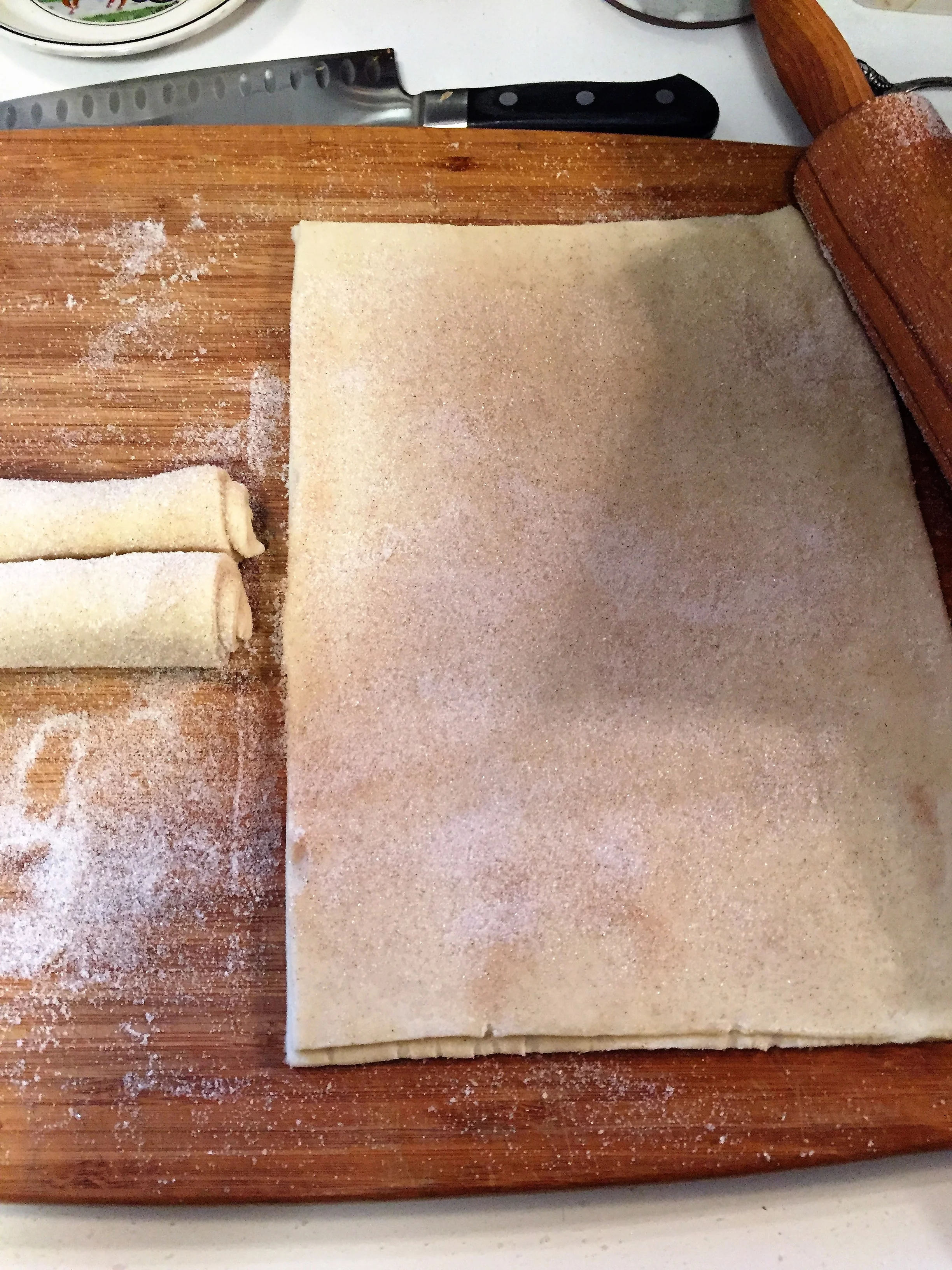 Cut the 11 x 15 sheet into two and create roll. This will make about 20 palmiers. See instructions re how to make 40.