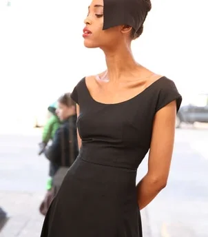 scoop neck dress in wool suiting