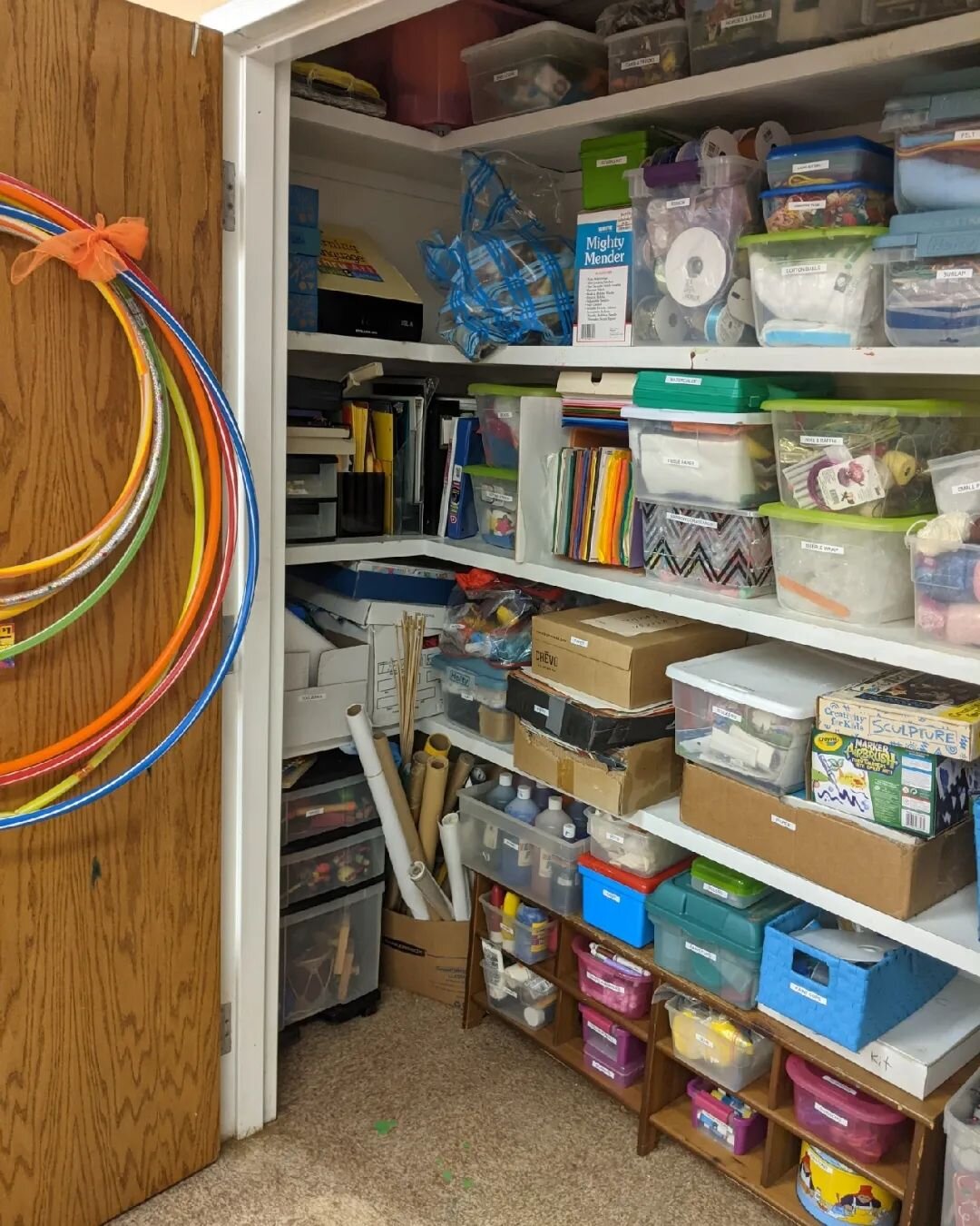 AFTER ❤️ Daycare storage closet - a very very fun project from last summer. The closet was divided into different categories, with similar items and groups of items labeled in their own boxes and bins.