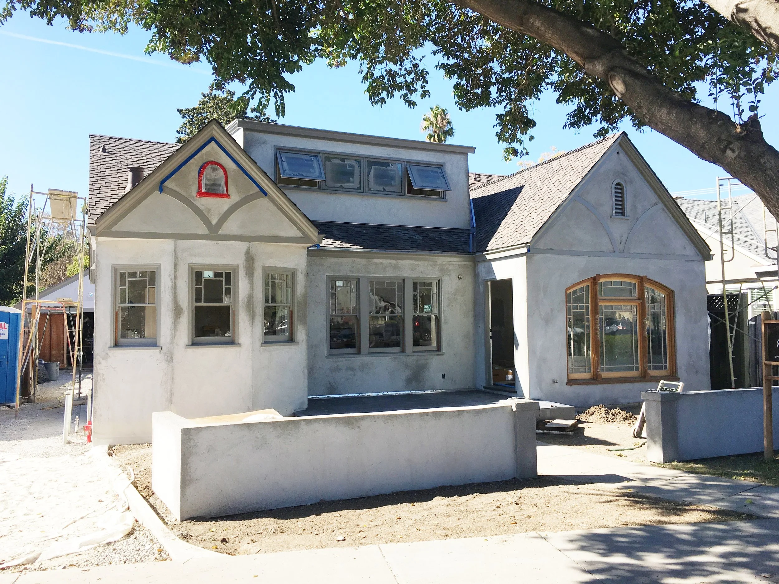 The front of the house. The exterior is waiting for the final coat of stucco. We are having the paint (BM Bruton White) mixed in so it will get painting and stucco all in one!