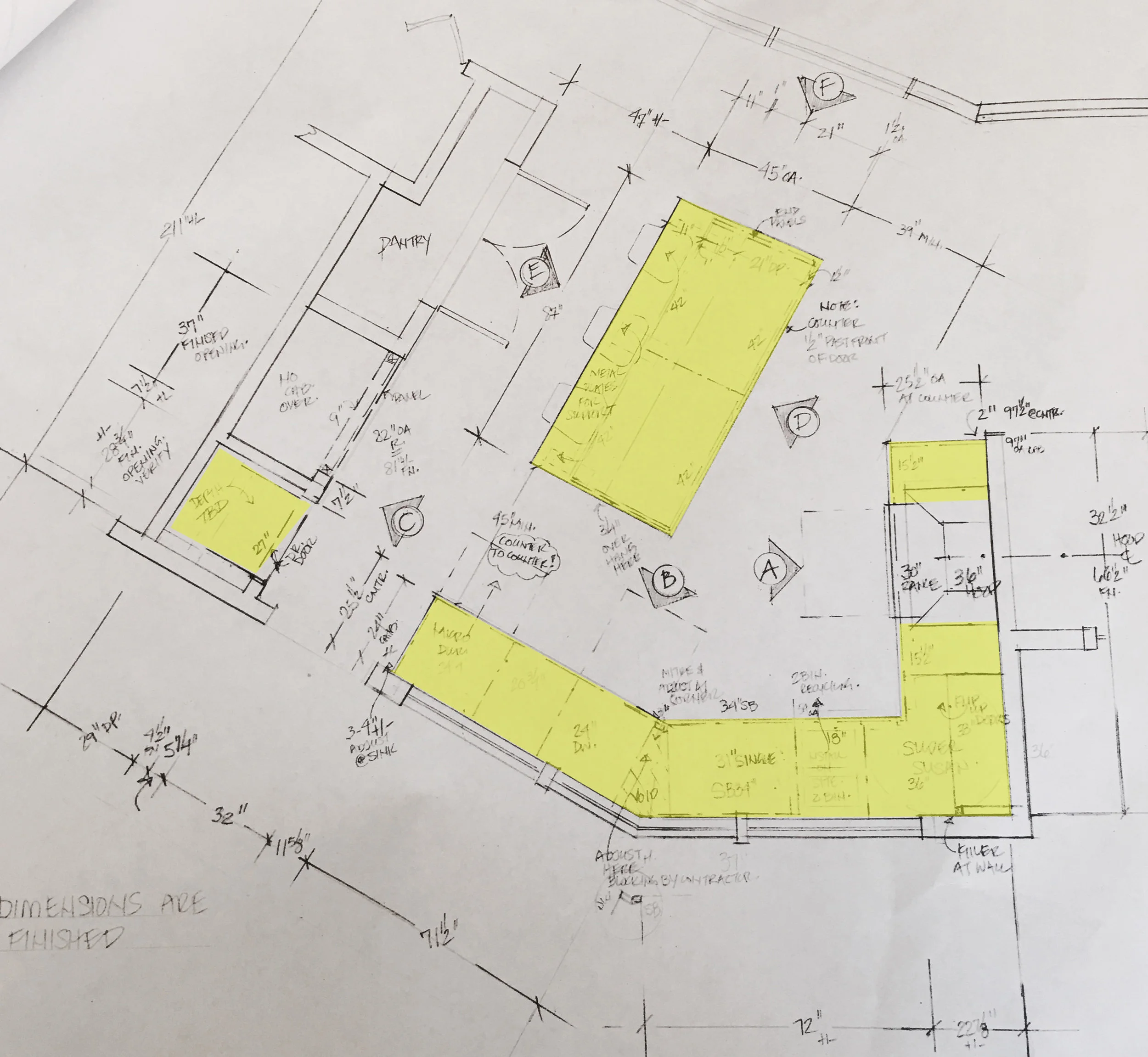 The large rectangular shape is the island and the cabinets wrap around the kitchen. The long strip is the kitchen counter, broken up by the stove on the far end. The small square in the lower left is a little utility area to put you purse, phone, CostCo list...