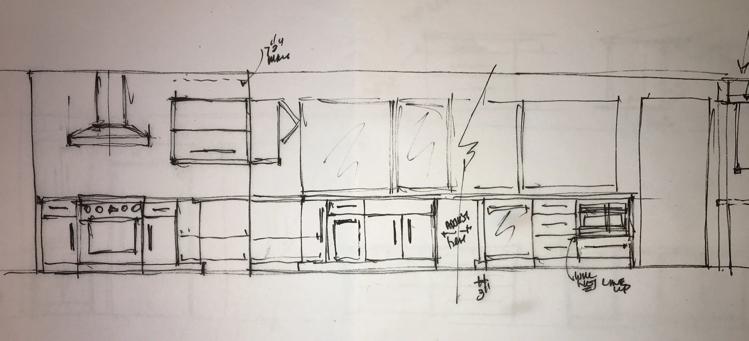 This is another elevation drawing. It is not one straight line. The wall with the stove turns a corner but its easier (and cooler) to view this way. As you can see, we have one upper cabinet to the left of the stove.