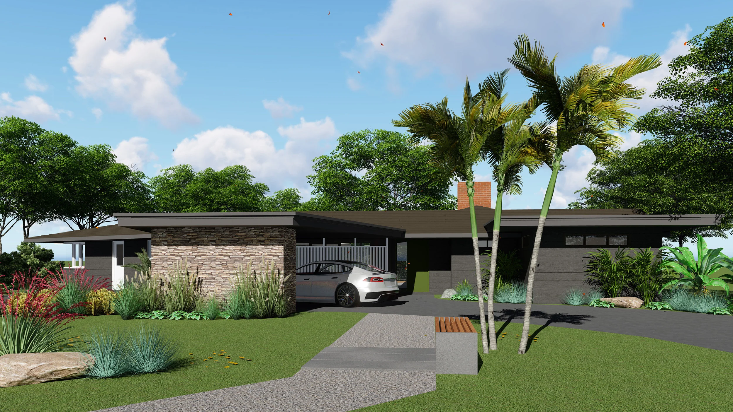 Here is the front of the house from the street. Lance had the foresight to put an electric charging station in the carport so we put a Tesla in there charging!