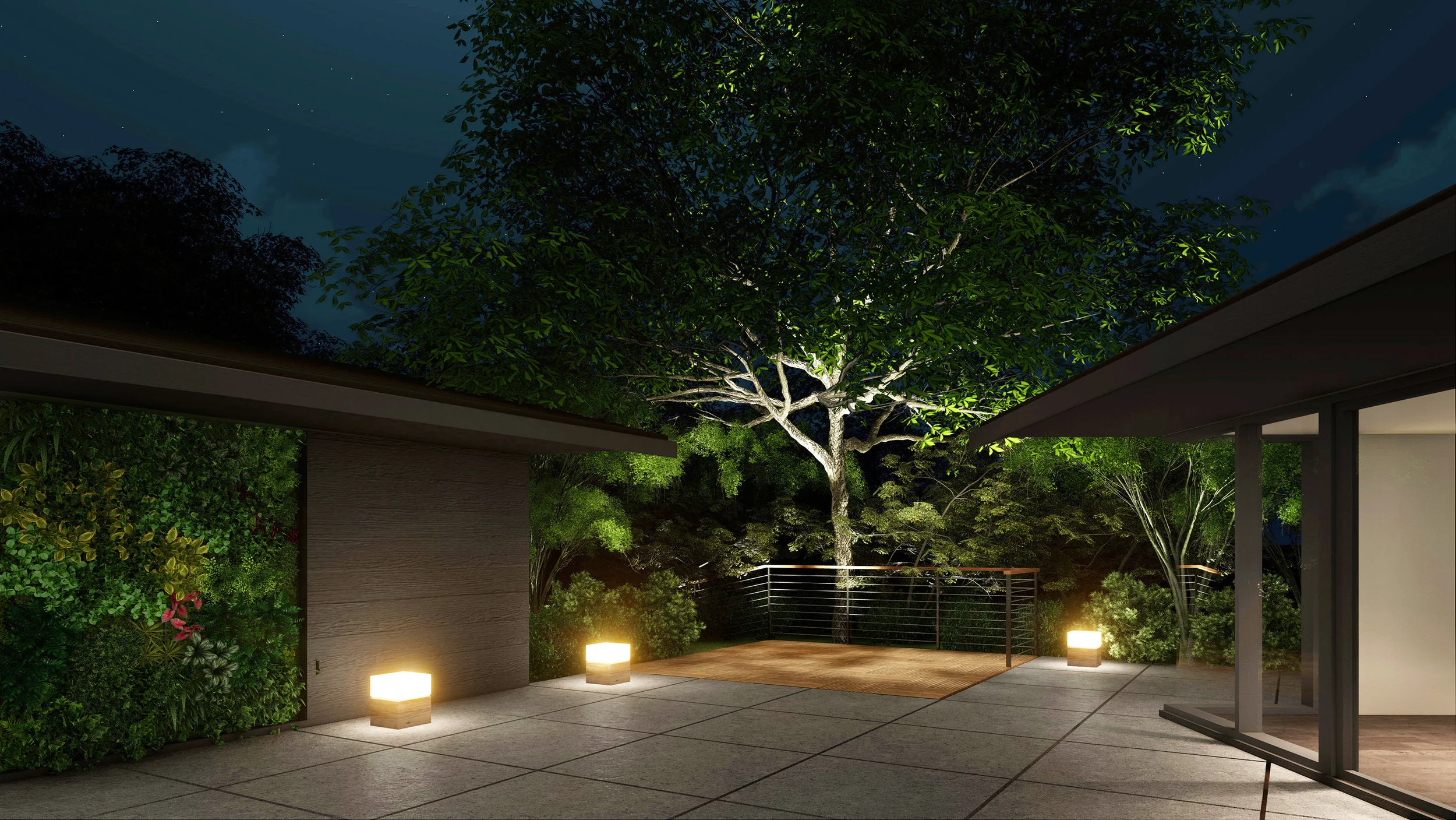 The courtyard and and backyard is such an amazing space. I wanted to capture it in the evening so we could illuminate the huge, soulful oak tree that is almost perfectly centered in the yard. I can't wait to light it up. And the green wall is going …