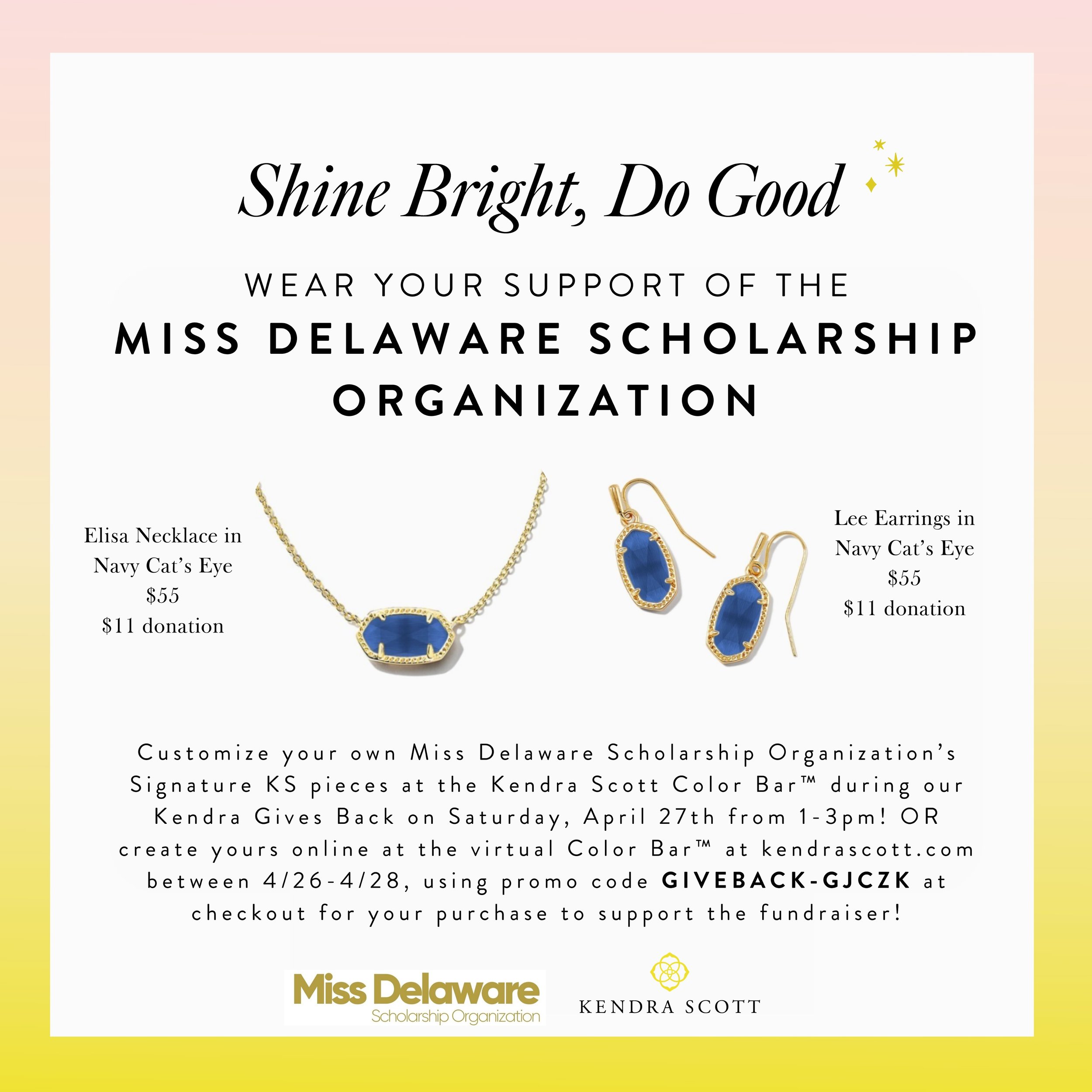 We're so excited to be back at Kendra Scott this weekend raising money for scholarships!

Two ways to support: 
✨In Person - Stop in to the Christiana Mall location on Saturday 4/27 between 1-3PM.  There is a free gift with over $100 purchase PLUS 20