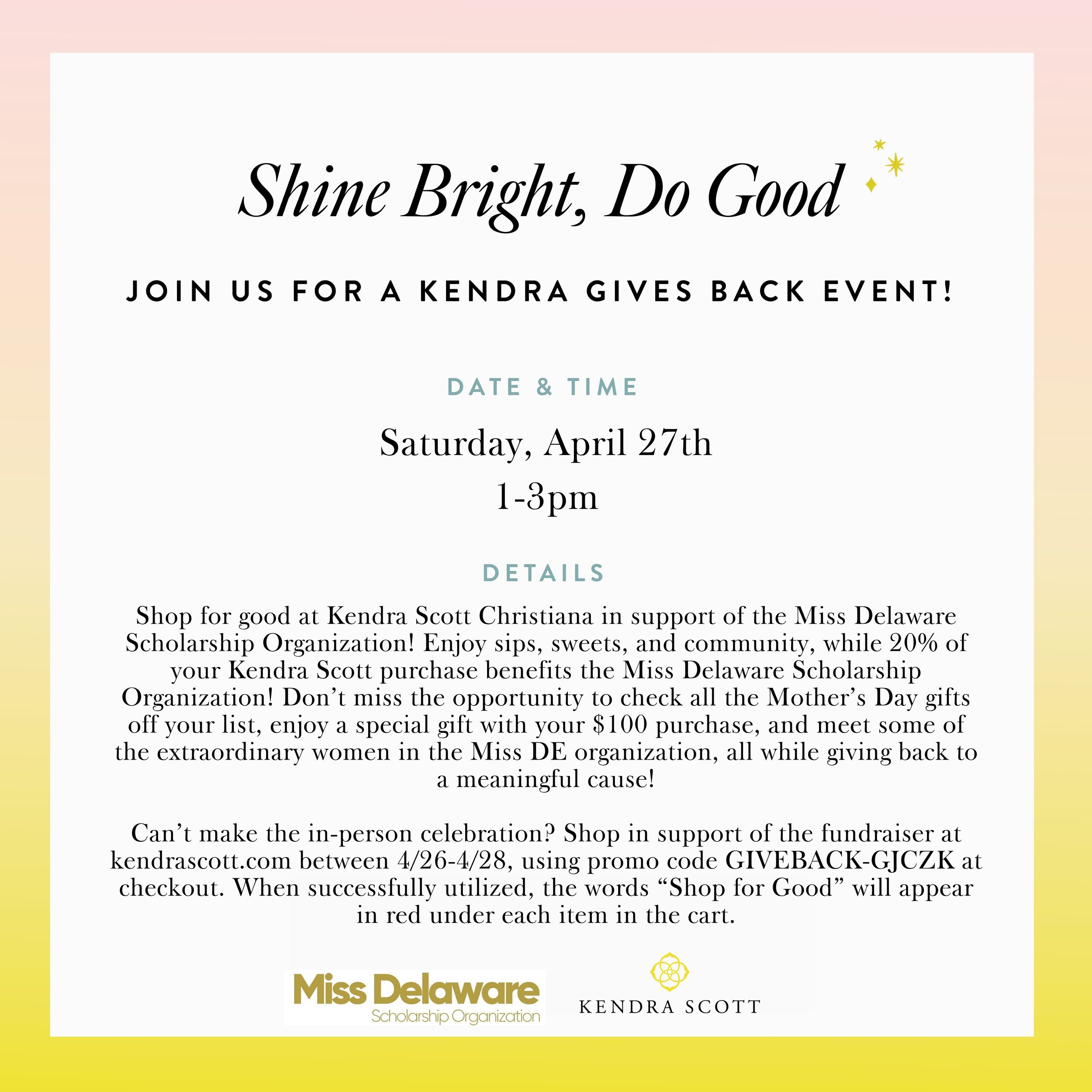 Happening today at the Christiana Mall!

Can't make it to the store to shop in-person? Shop in support of the fundraiser at kendrascott.com between 4/26-4/28, using promo code GIVEBACK-GJCZK at checkout. When successfully utilized, the words &quot;Sh