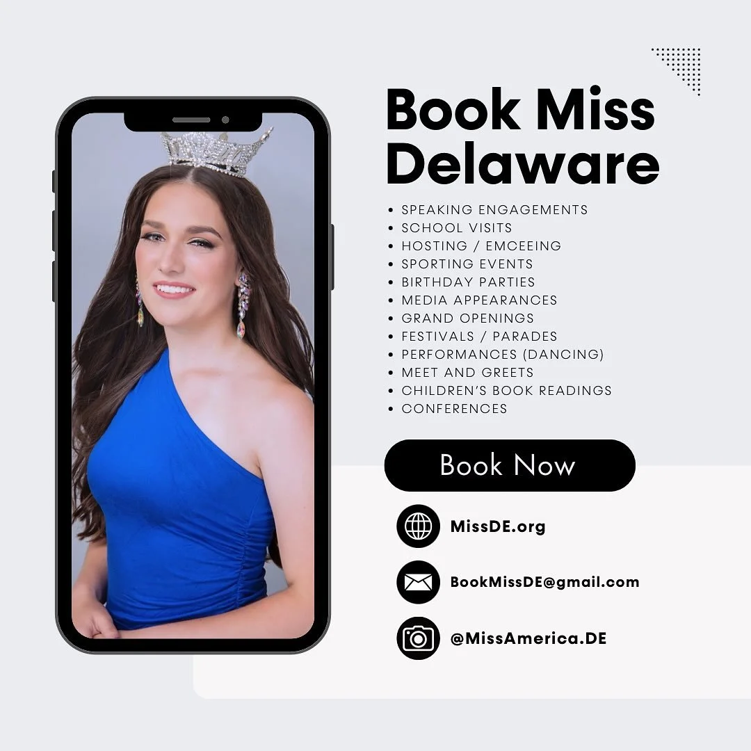 ✨Book Miss Delaware for your next event! ✨

From speaking engagements and school visits to festivals, conferences, and community celebrations - Miss Delaware is ready to bring her crown, her voice, and her passion to inspire across the First State.

