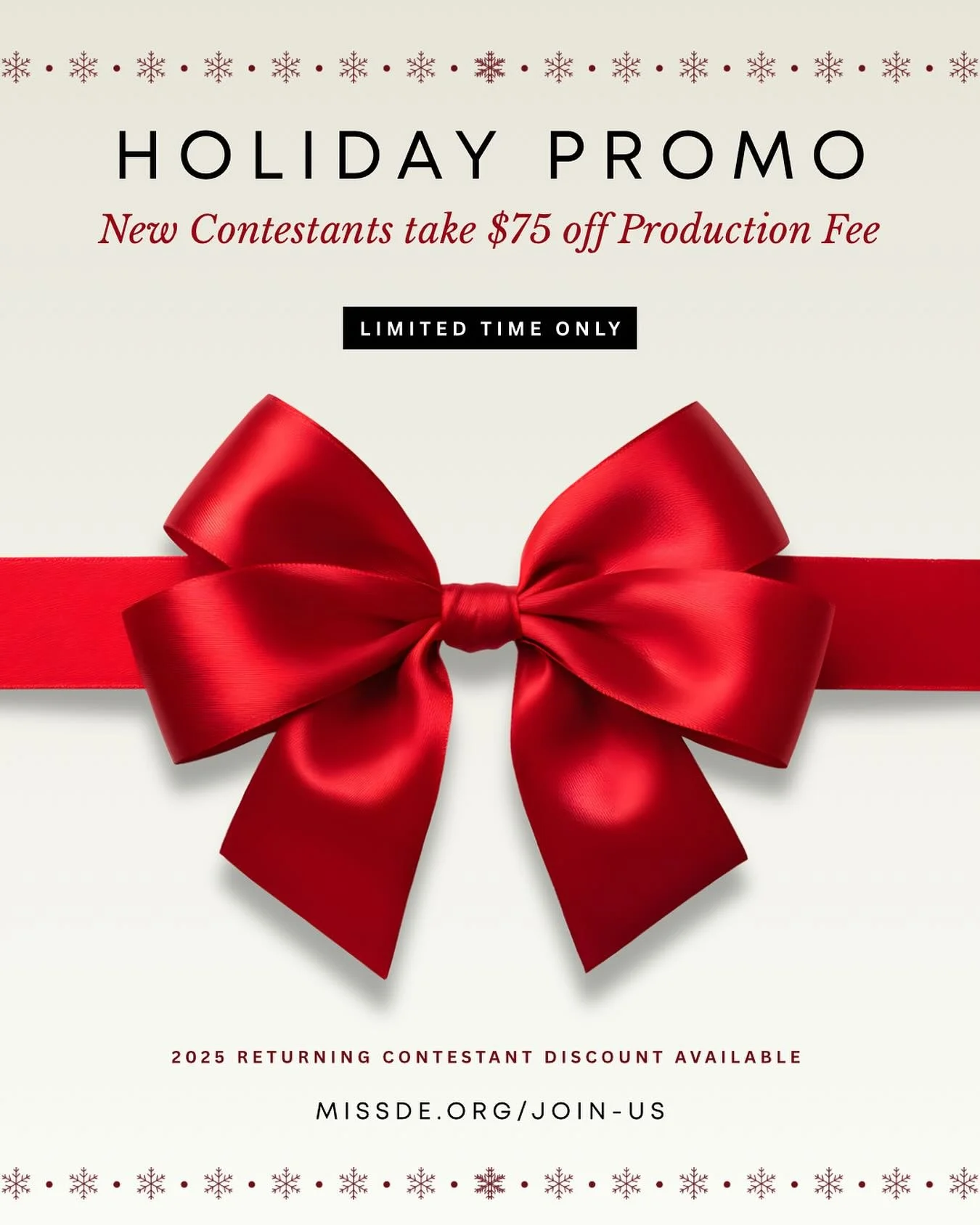 🎄✨ It&rsquo;s the most wonderful time&hellip; to sign up!
This holiday season, we&rsquo;re offering a special discount for NEW Miss Delaware &amp; Miss Delaware's Teen contestants &mdash; but only for a limited time.

This deal won&rsquo;t stick aro