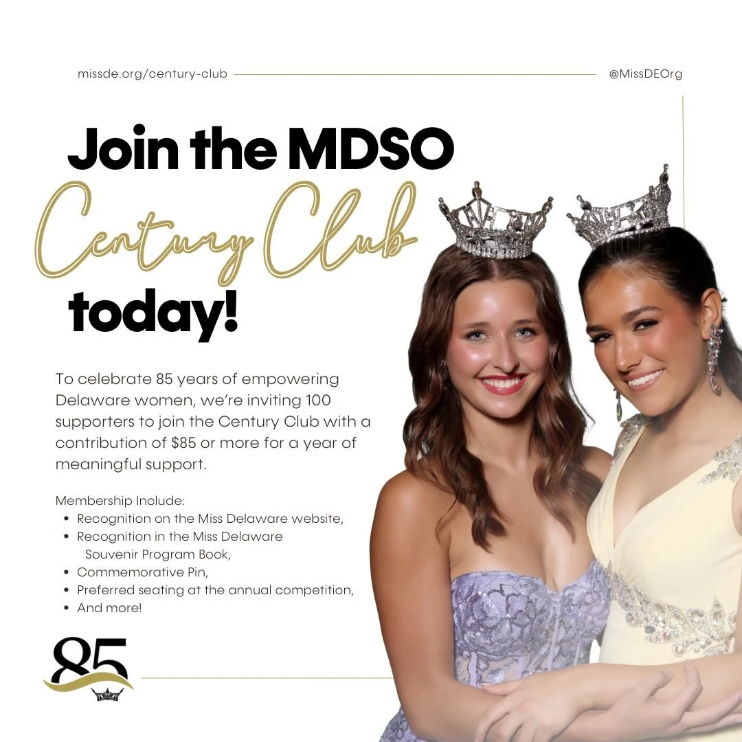 ✨ Giving Tuesday is almost here &mdash; and we&rsquo;re celebrating 85 years of Miss Delaware!
This year, we&rsquo;re opening the Century Club to 100 supporters who give $85 or more in honor of our upcoming 85th anniversary. Your gift helps us contin