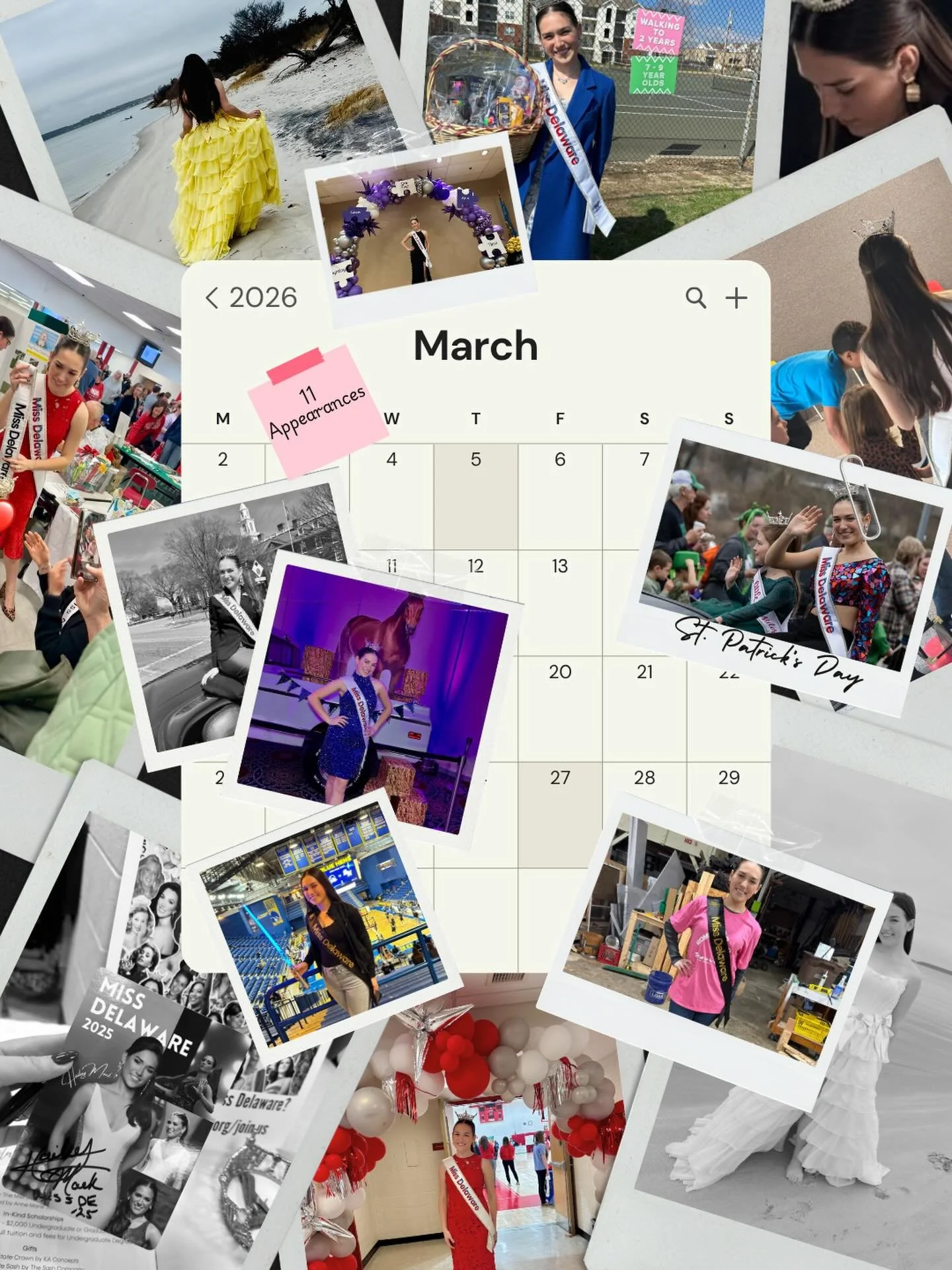 ✨ March Recap ✨ 

🍀 2410 miles 
🍀 11 appearances 
🍀 77 days left as Miss DE
🍀 15 events booked for April!