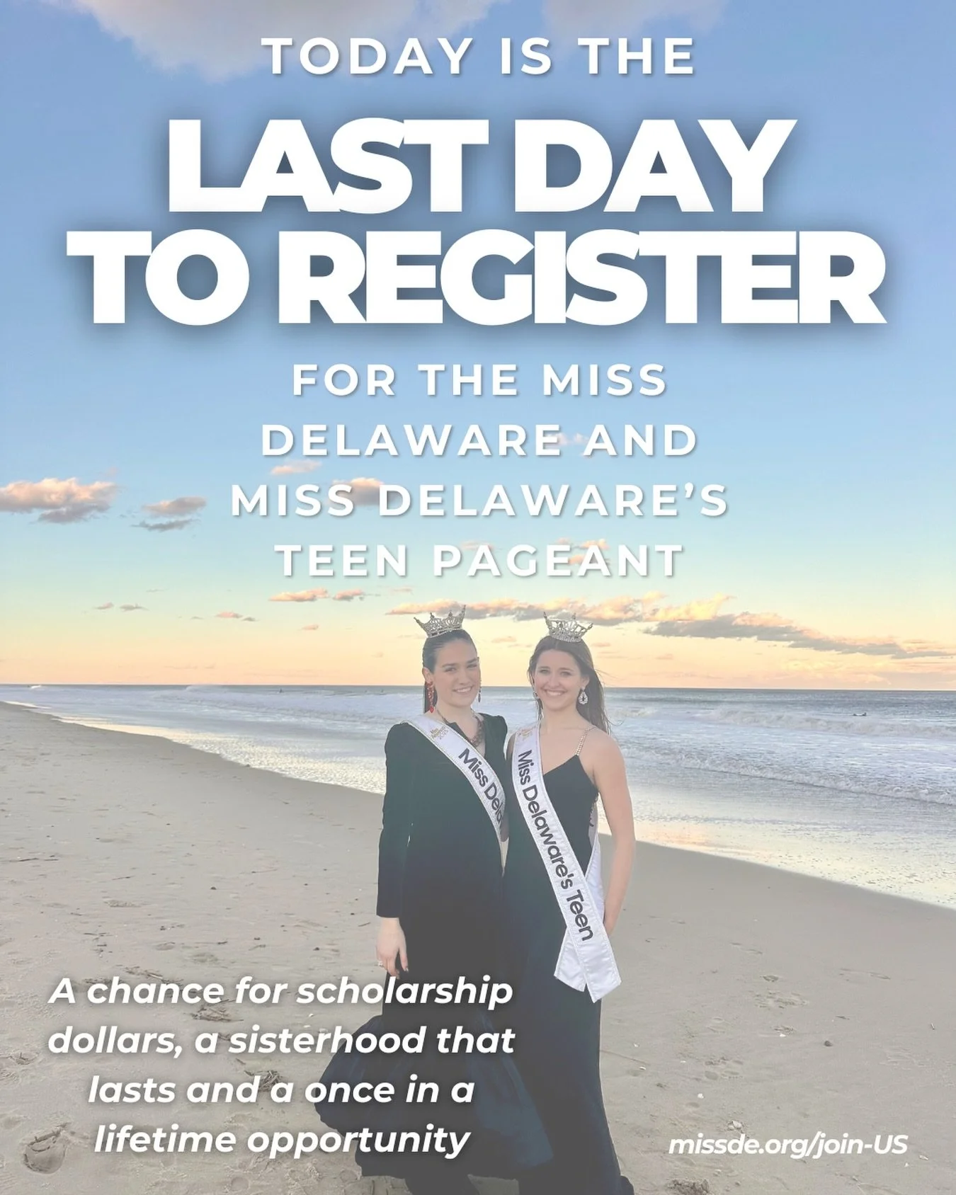 TODAY&rsquo;S THE DAY‼️ Join the Miss Delaware Scholarship Organization now for a chance to win scholarship money, to find a sisterhood that lasts, and to compete for the opportunity of a lifetime. You don&rsquo;t want to miss this! Go to missde.org/