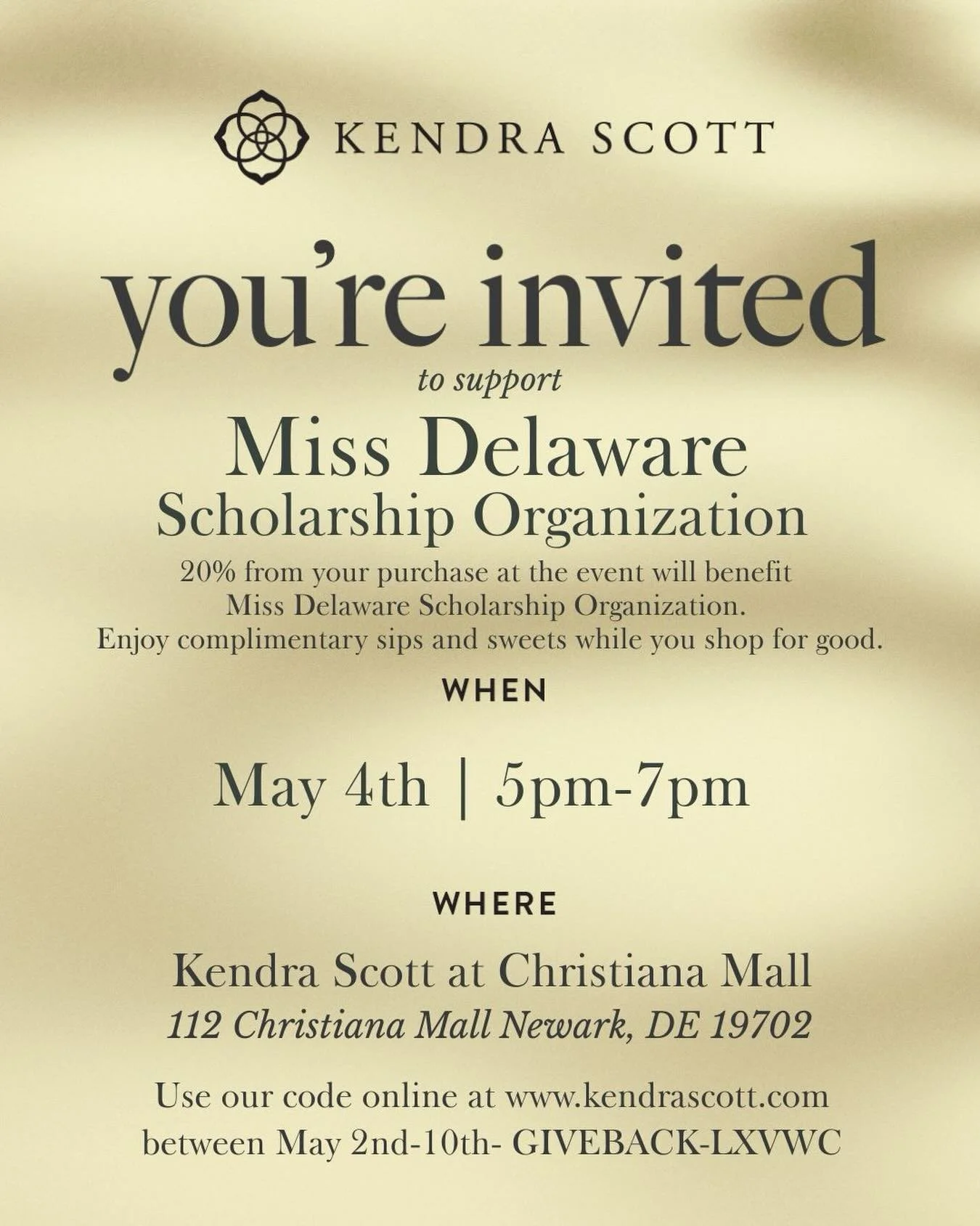 Looking for the perfect Mother's Day gift? Shop with a purpose with MDSO at Kendra Scott ✨

Join us in-store at the Christiana Mall on Monday, May 4 from 5-7 PM and show this flyer at checkout or shop online May 2-10 at kendrascott.com and use code G
