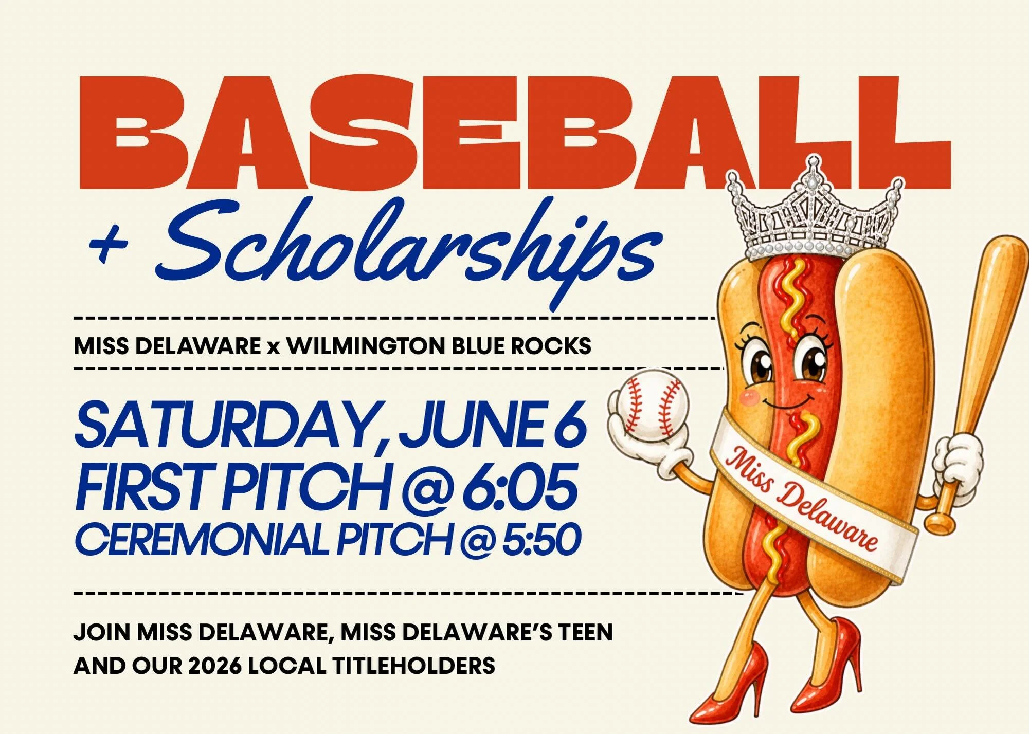 Baseball, Blue Rocks, and a little Delaware history 🇺🇸⚾️

Catch Miss Delaware &amp; Miss Delaware&rsquo;s Teen throwing out the ceremonial first pitch this Saturday at the Wilmington Blue Rocks game as part of Delaware 250 night 💙

PLUS &mdash; ou