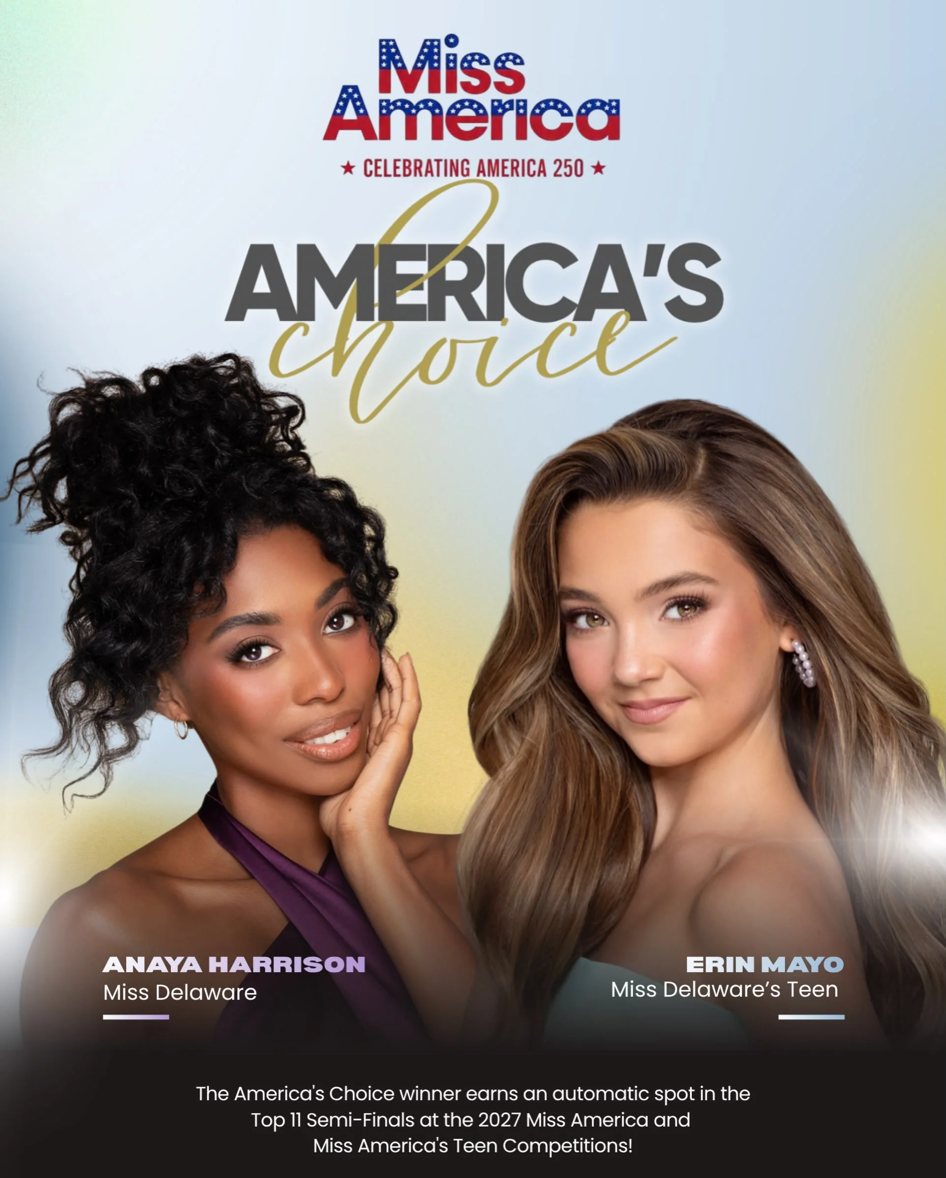 America&rsquo;s Choice voting is officially open for the 2027 Miss America and Miss America&rsquo;s Teen competitions!

The winner earns an automatic spot in the Top 11 Semifinals, which means your vote could make a pretty big difference.

So if you&