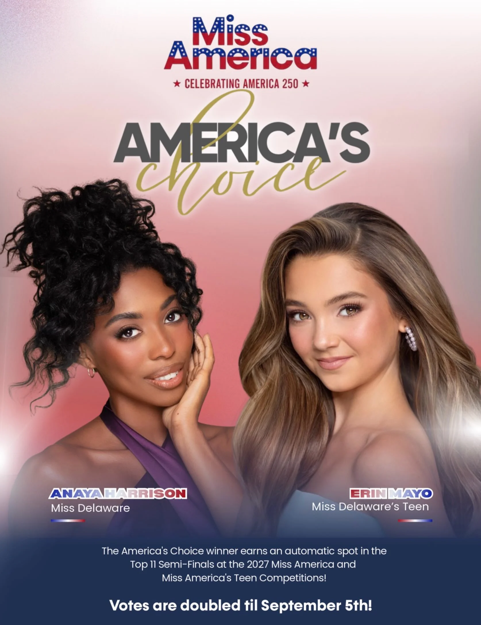 The America's Choice Double Bonus Period is HERE for both Miss &amp; Teen! This is your chance to help your favorite delegate (cough cough, DELAWARE 😉) secure a spot in the TOP 11!

September 3 at 12:00 AM PT through September 5 at 12:00 AM PT

For 