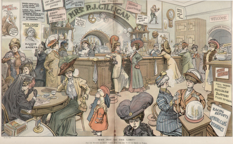 ' Why not go the limit? For the benefit of those ladies who ask for the right to smoke in public.' The centrefold for political magazine Puck in 1908. This 'nightmarish vision' of the future showed what would happen if you let women smoke. They would wear badass hats and successfully play the stock market. 