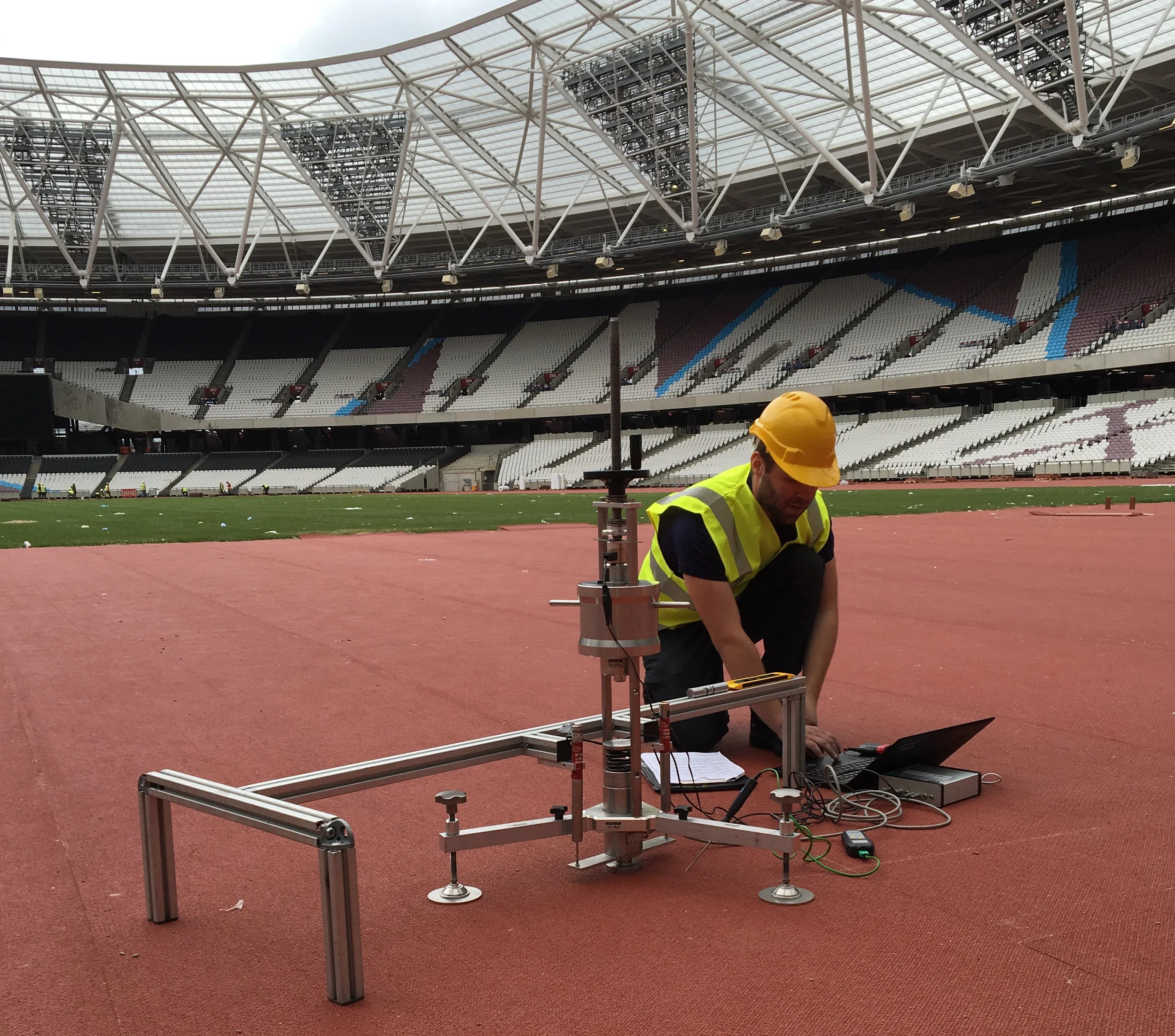 Craig Melrose assessing the shock absorption of the London Track prior to the World Championships