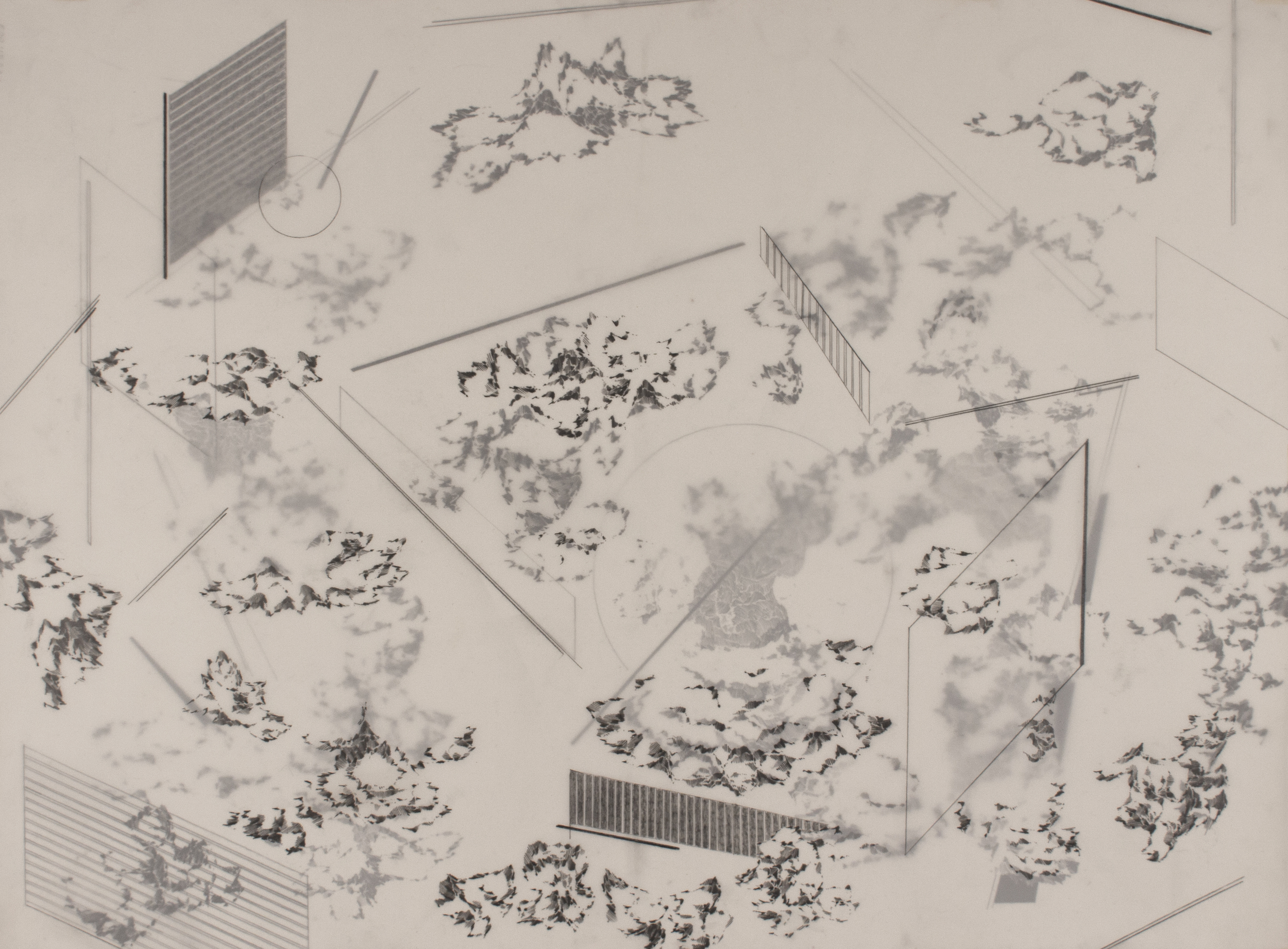  "Parallel Planes", 2014, Graphite, Pen on Layered Vellum, Paper, 18" x 24"&nbsp; 