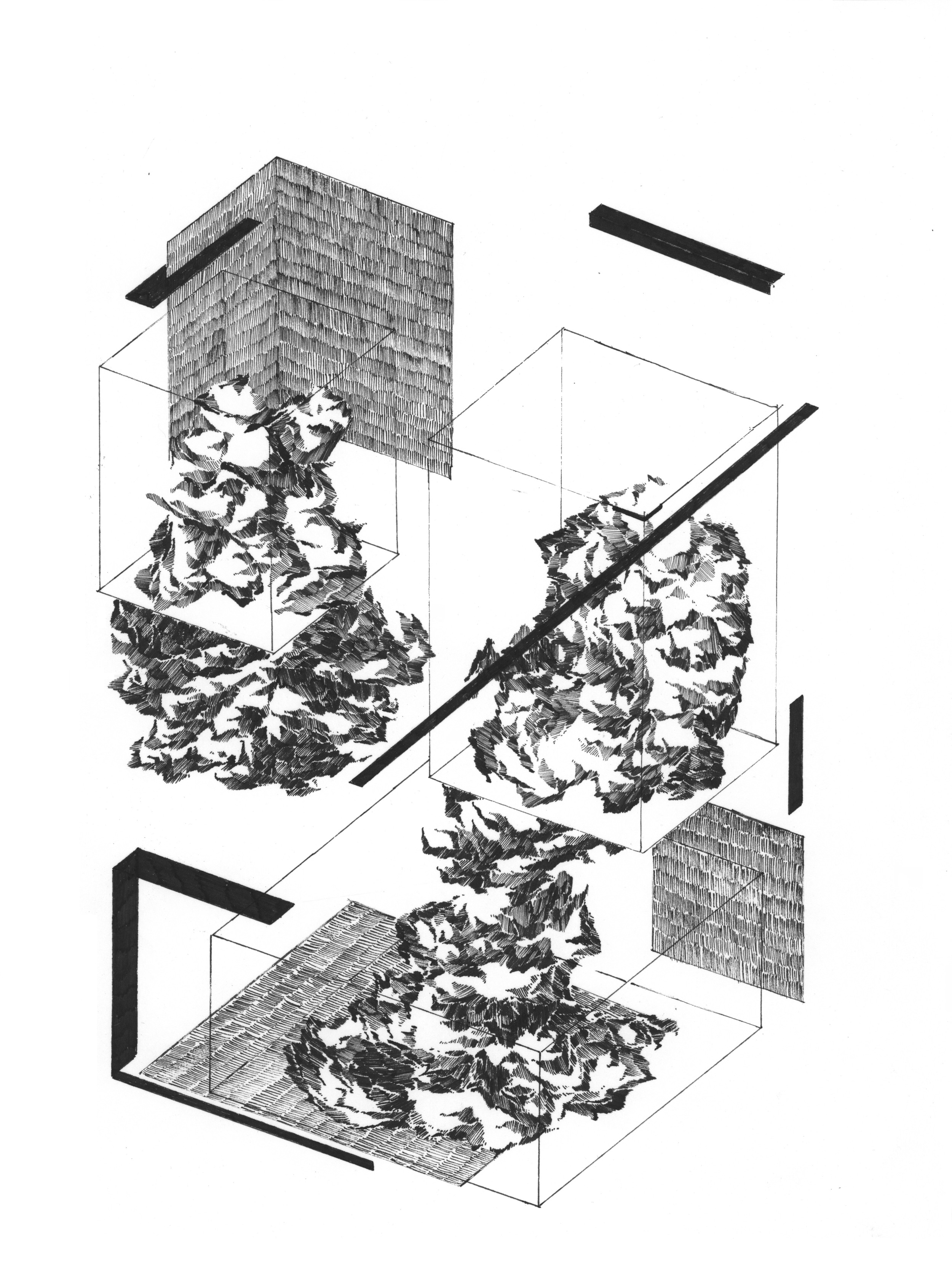  "Axonometric Composition", 2014, Pen on Paper, 15" x 11"&nbsp; 