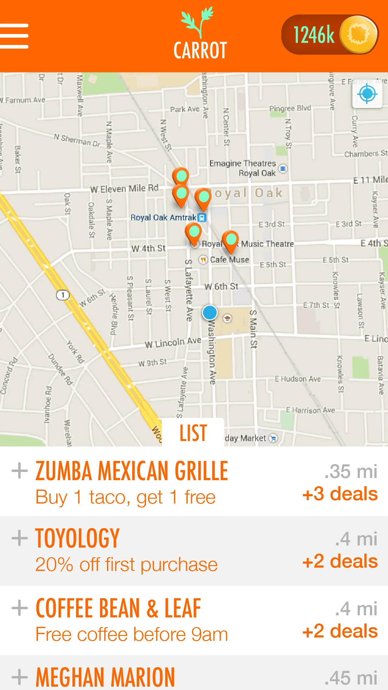 The home screen displays merchants and deals based on proximity in a map or list view.