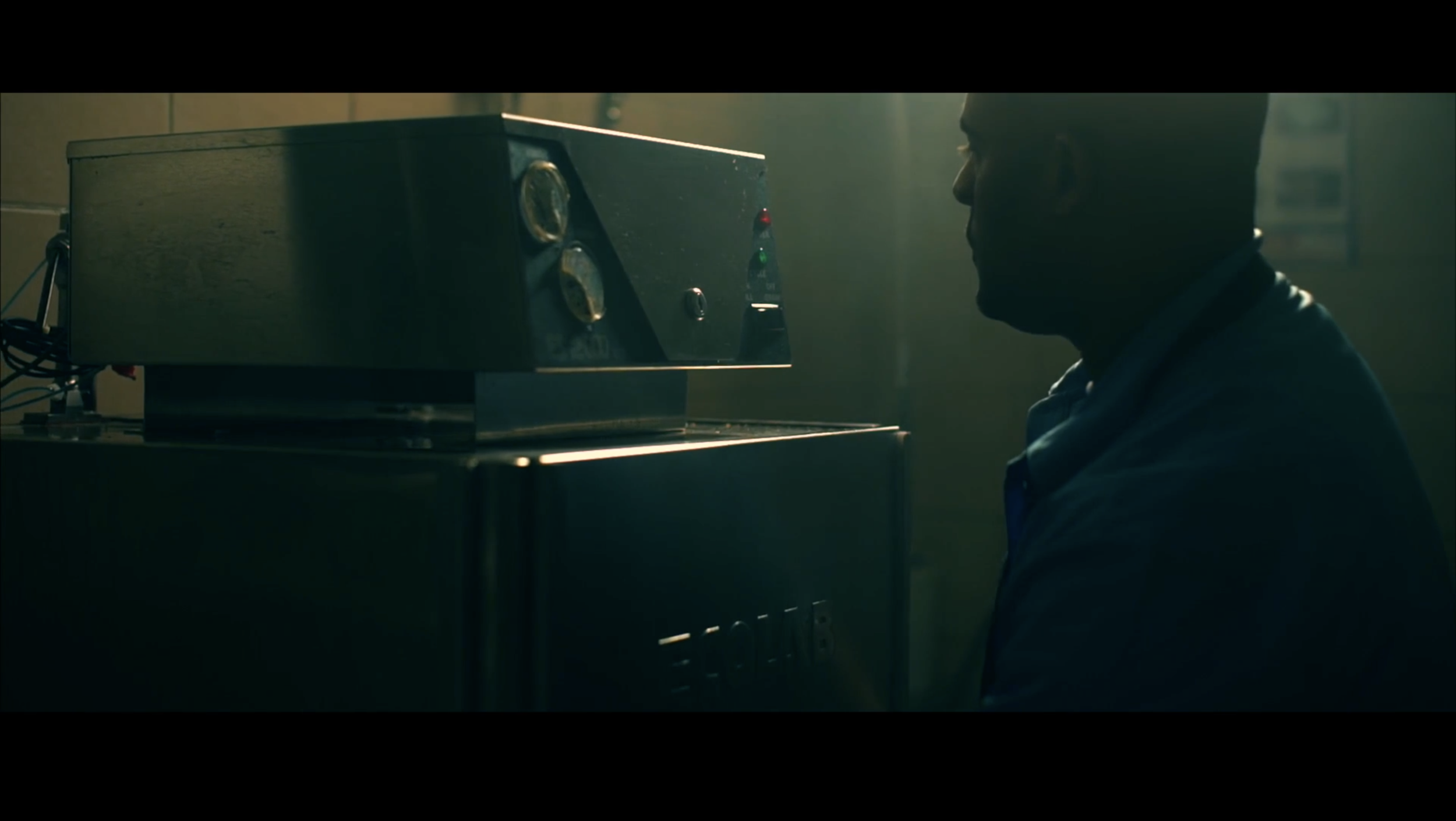  Final image of the dishwashing scene. Using one light and a haze machine to keep the environment moody and replicate the narrowed vision of our subject Marc.  