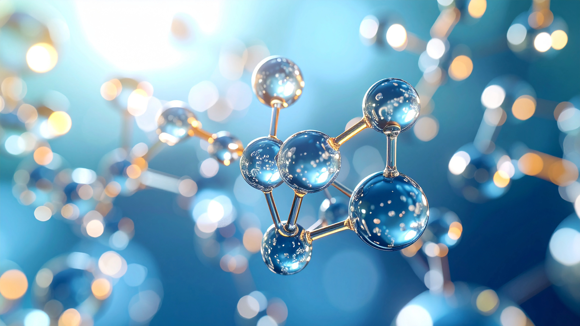 A detailed illustration of a molecular structure with shiny blue and gold spheres connected by thin rods, set against a blurred background with circular bokeh lighting effects.