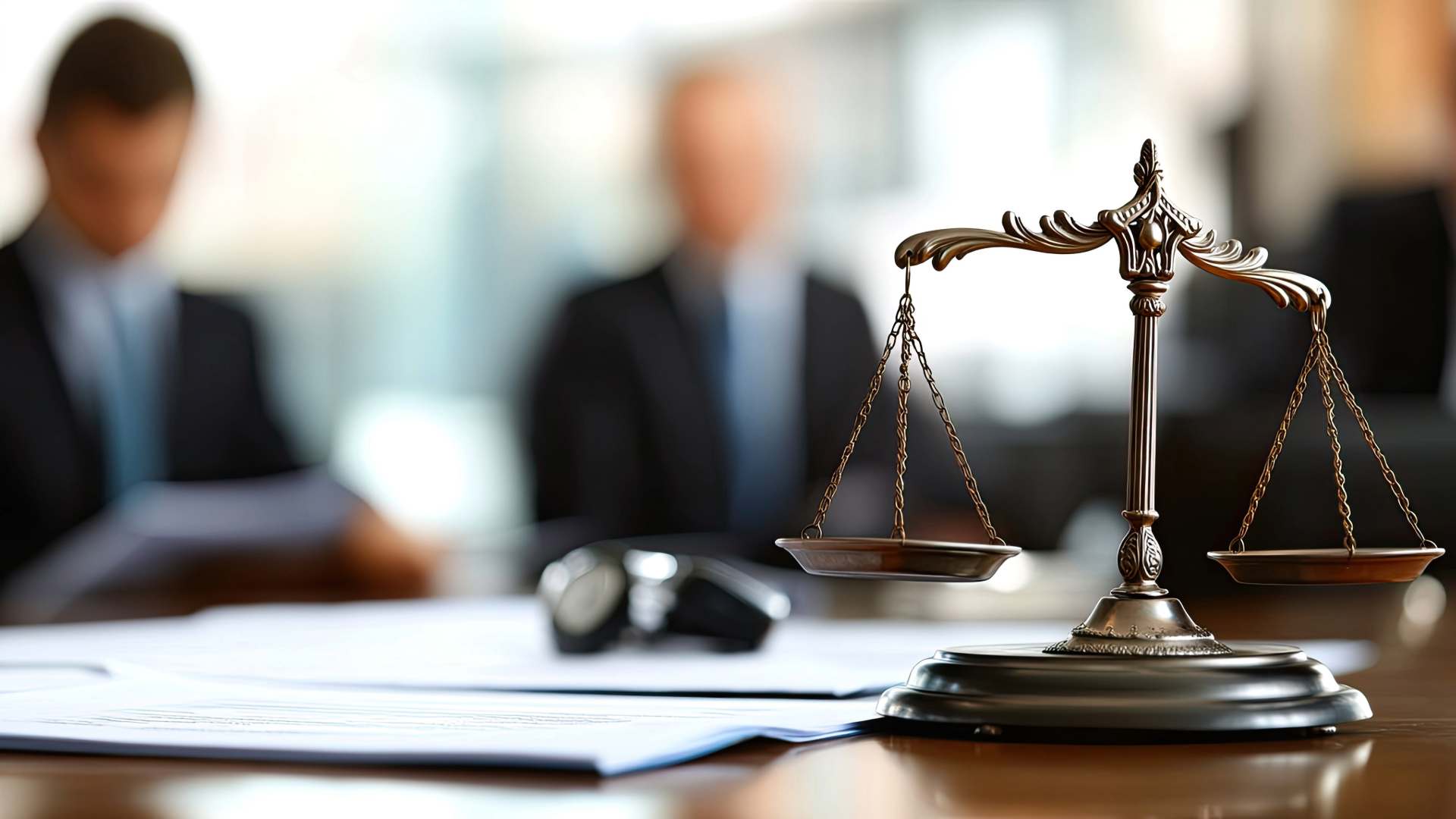 Close-up of a metallic balance scale on a desk, with blurred people in business suits in the background, office setting, legal or law professional theme.
